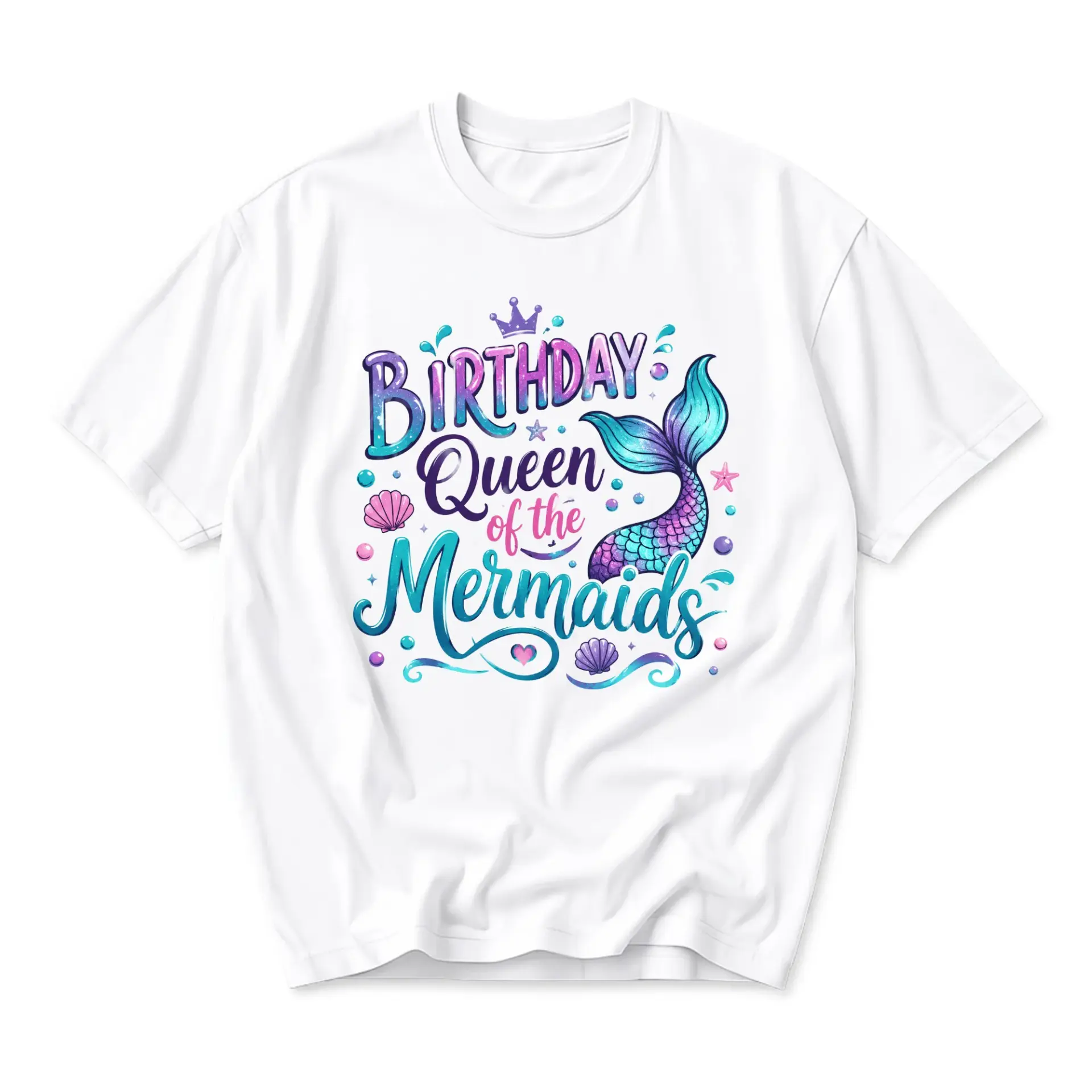 Graphic Tee Birthday Queen of the Mermaids Shirt Casual Unisex Crew Neck