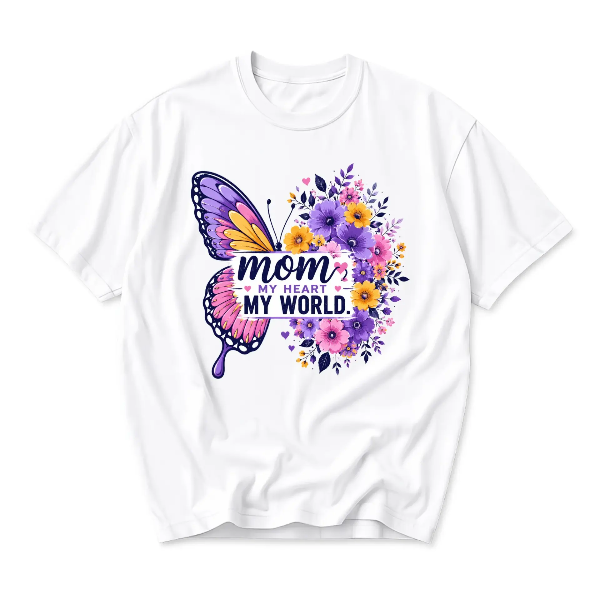 Graphic Tee Mom My Heart My World Butterfly Floral Print Unisex Crew Neck Casual Everyday Short Sleeve Cotton Shirt