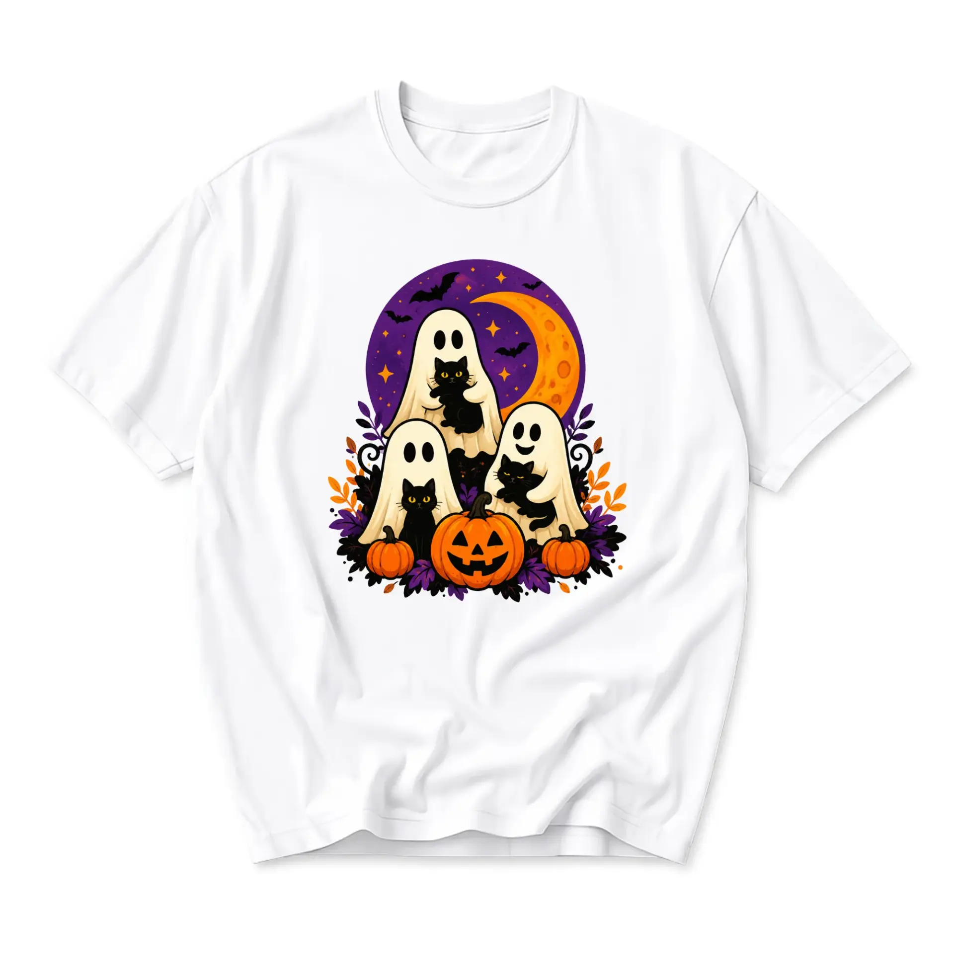 Graphic Tee Unisex Crew Neck Halloween Shirt Featuring Cute Ghosts and Black Cats with Pumpkin Illustration