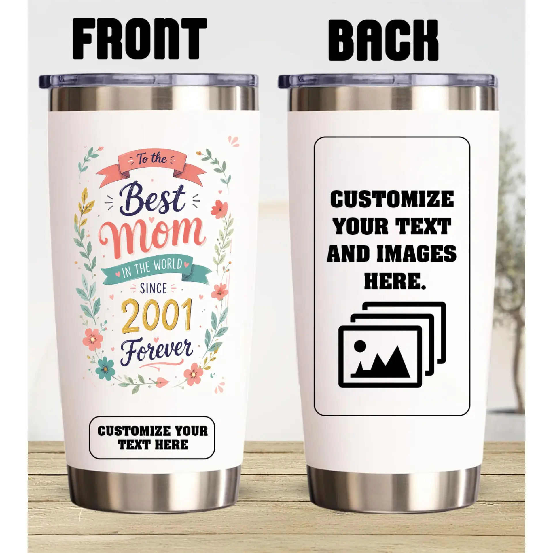 Stainless Steel Tumbler 20oz Custom Photo and Text Travel Mug for Personalized Mother Birthday Holiday Gift Present