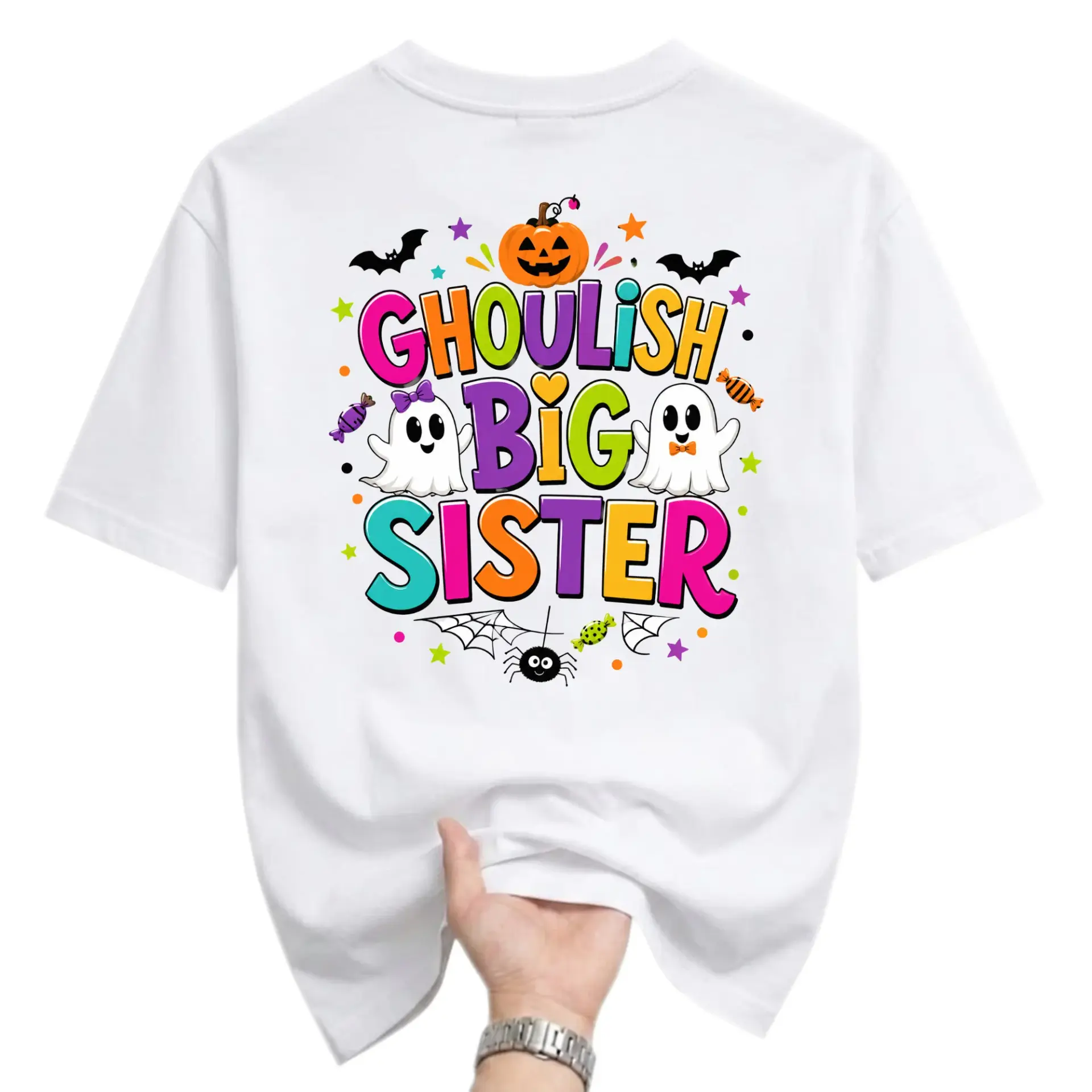 Funny Shirt Ghoulish Big Sister Halloween Graphic Tee Casual Unisex Crew Neck Top for Fall Season Holiday Wear