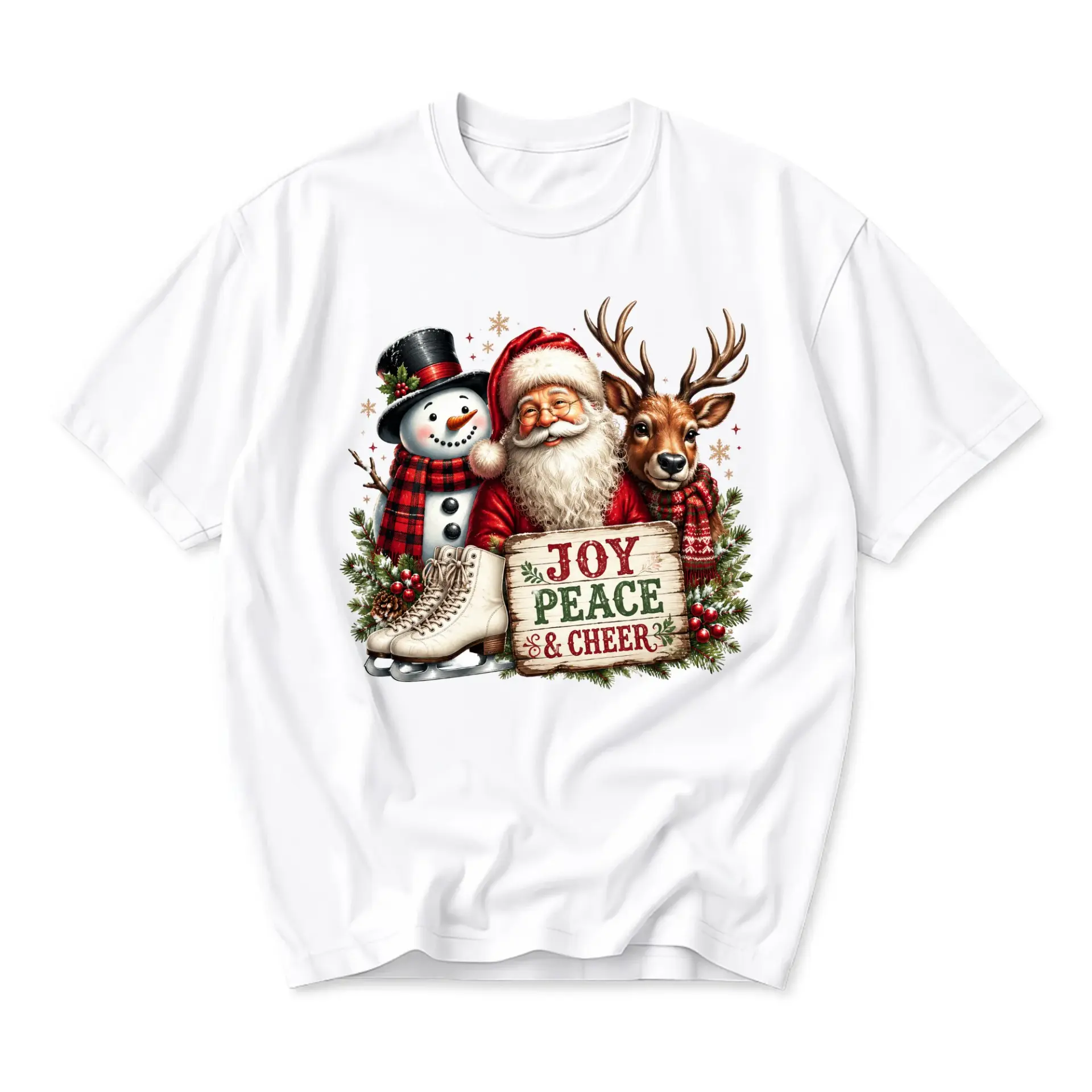 Graphic Tee Featuring Santa Claus Snowman and Reindeer Holiday Illustration