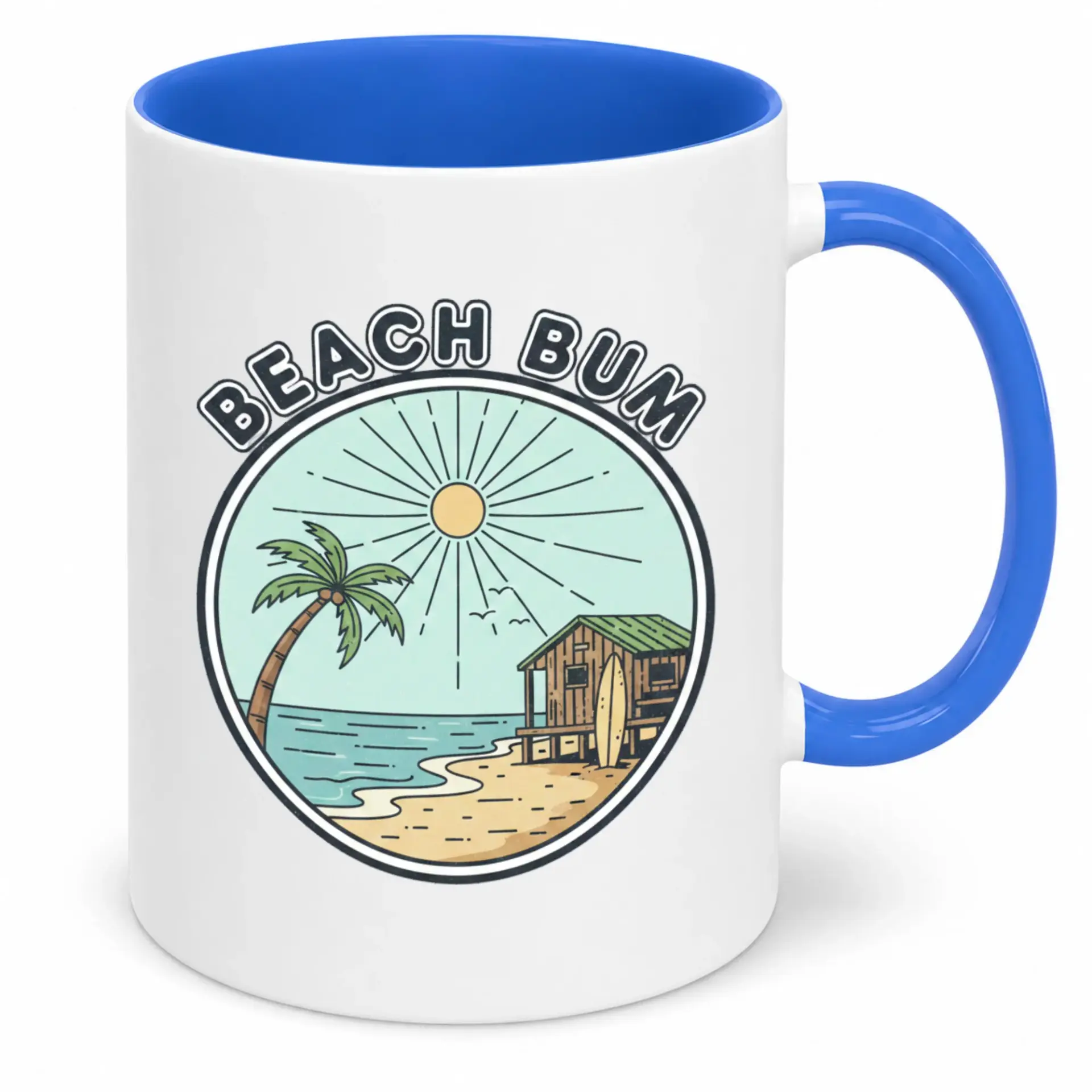 Ceramic Coffee Mug with Funny Beach Bum Design, Tropical Ocean Scene Featuring Palm Tree and Surf Shack, Relaxing Summer Drinkware