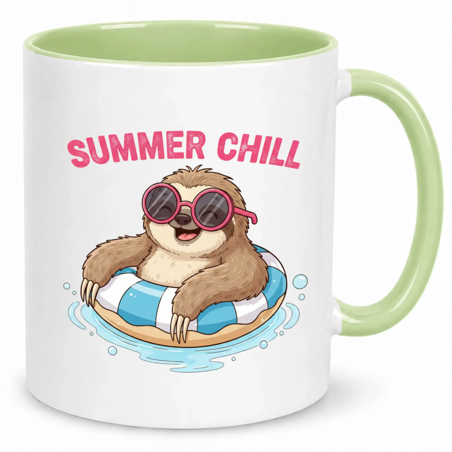 Funny Sloth Summer Chill Ceramic Coffee Mug with Sunglasses and Inner Tube Design, 11oz or 15oz White Drinkware for Hot Beverages