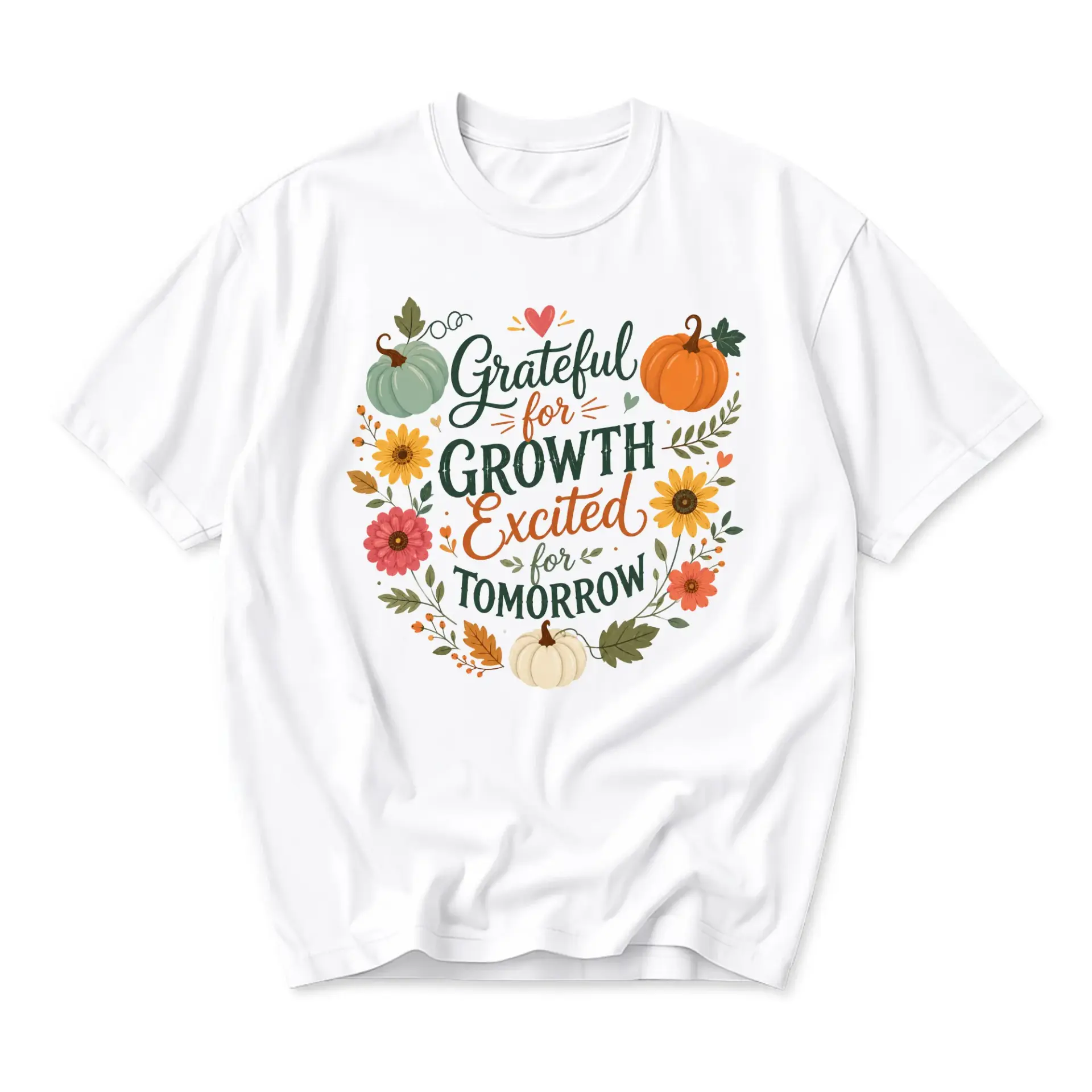 Graphic Tee Grateful for Growth Excited for Tomorrow Floral Pumpkin Fall Aesthetic Unisex Crew Neck Cotton Shirt