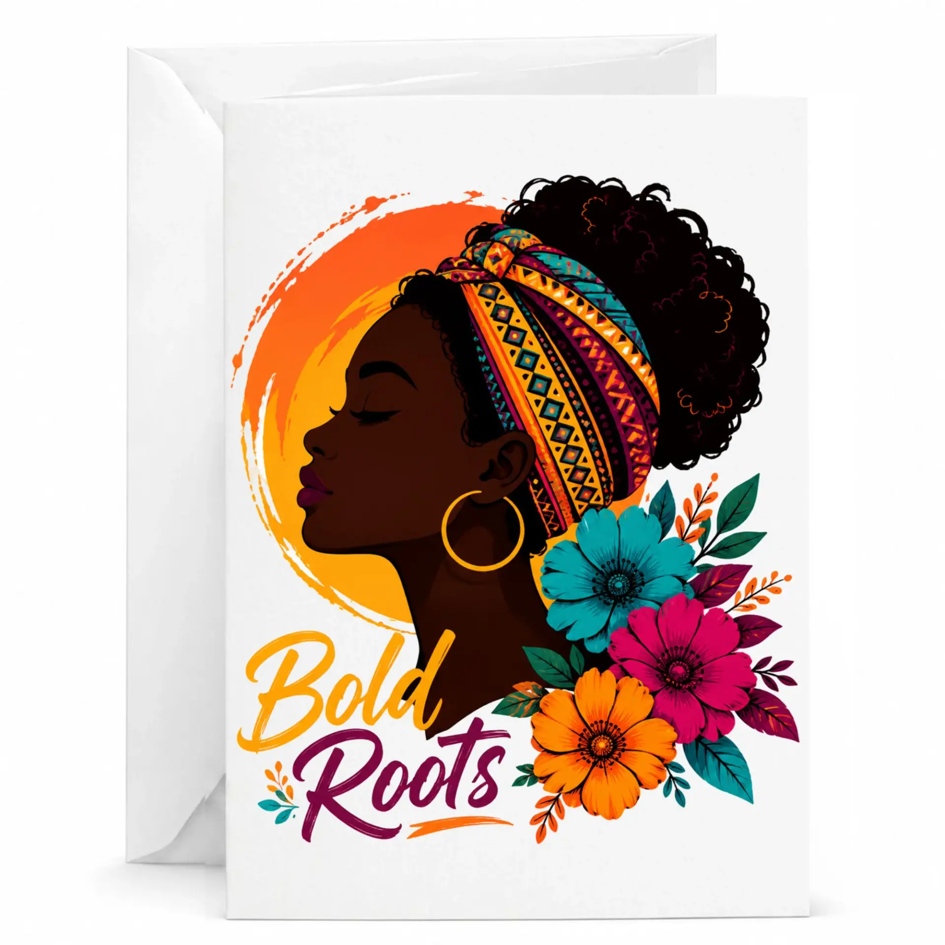 Bold Roots Greeting Card Featuring Artistic Illustration of a Woman with Vibrant Headwrap and Floral Accents