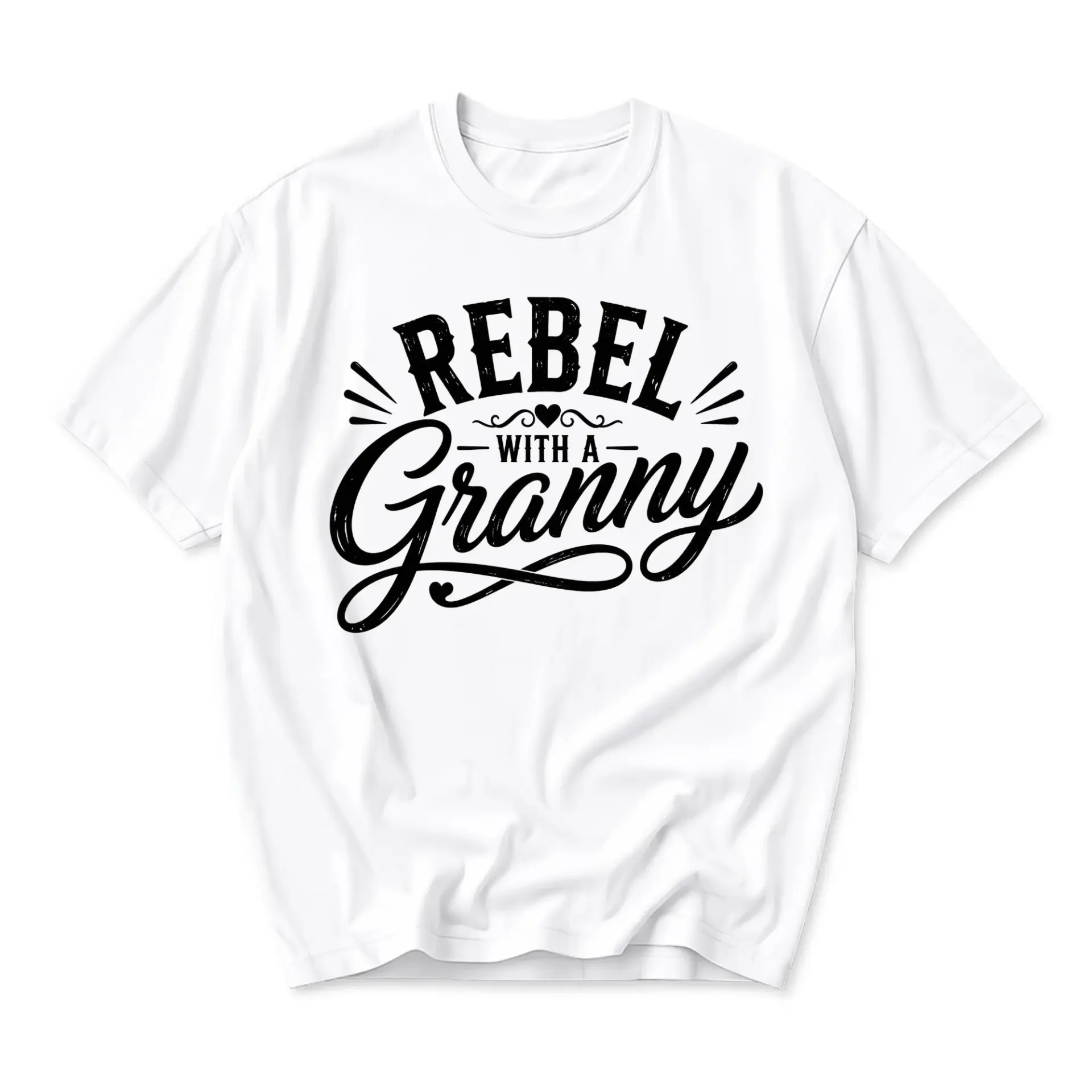 Funny Shirt Rebel with a Granny Graphic Tee Unisex Crew Neck Casual Everyday Wear Soft Cotton Blend White T-Shirt