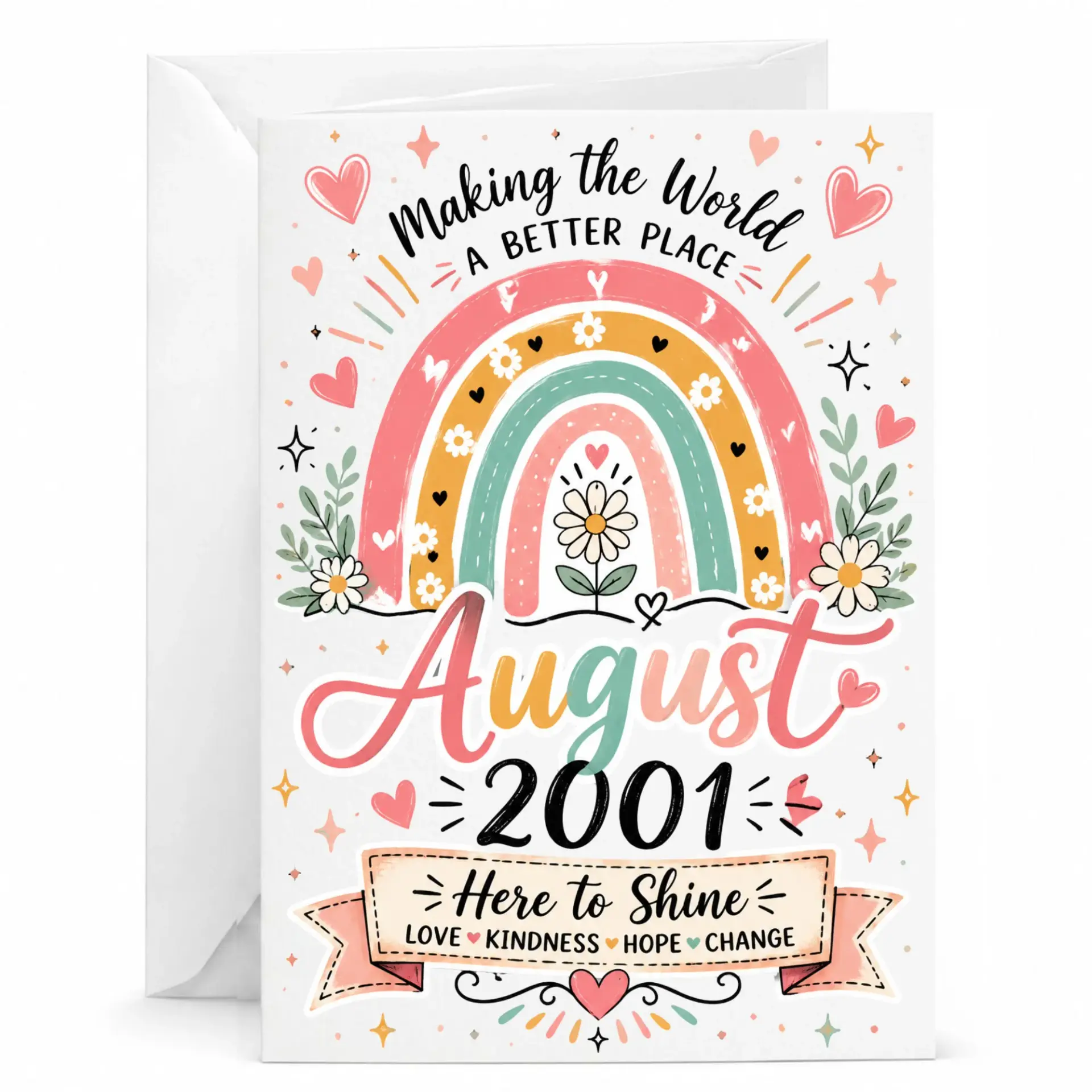 Birthday Card Greeting Card for August 2001 Birth Anniversary, Vintage Retro Rainbow Floral Stationery Design