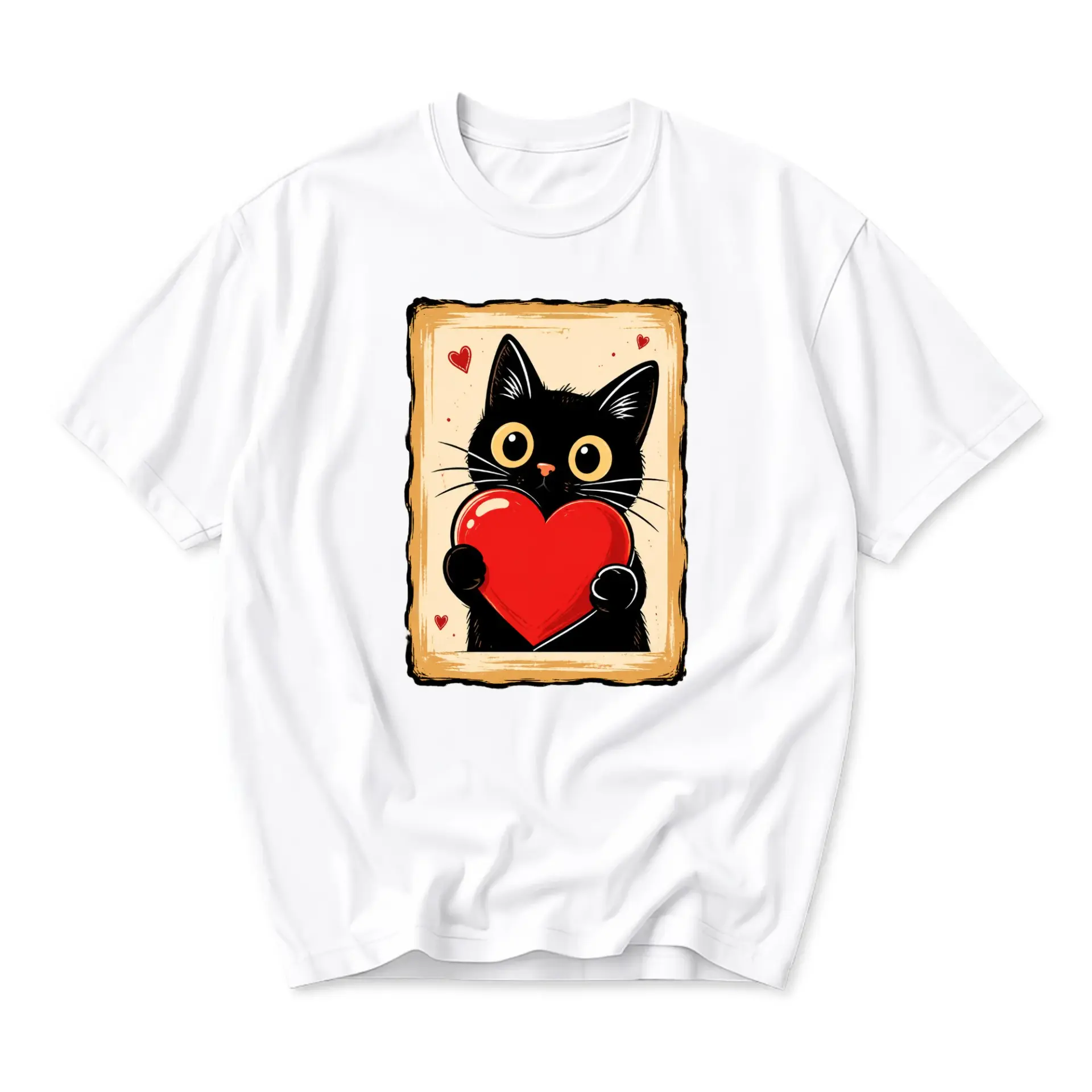 Graphic Tee Black Cat Holding Red Heart Illustration Casual Unisex Crew Neck Cotton Blend Printed T-Shirt