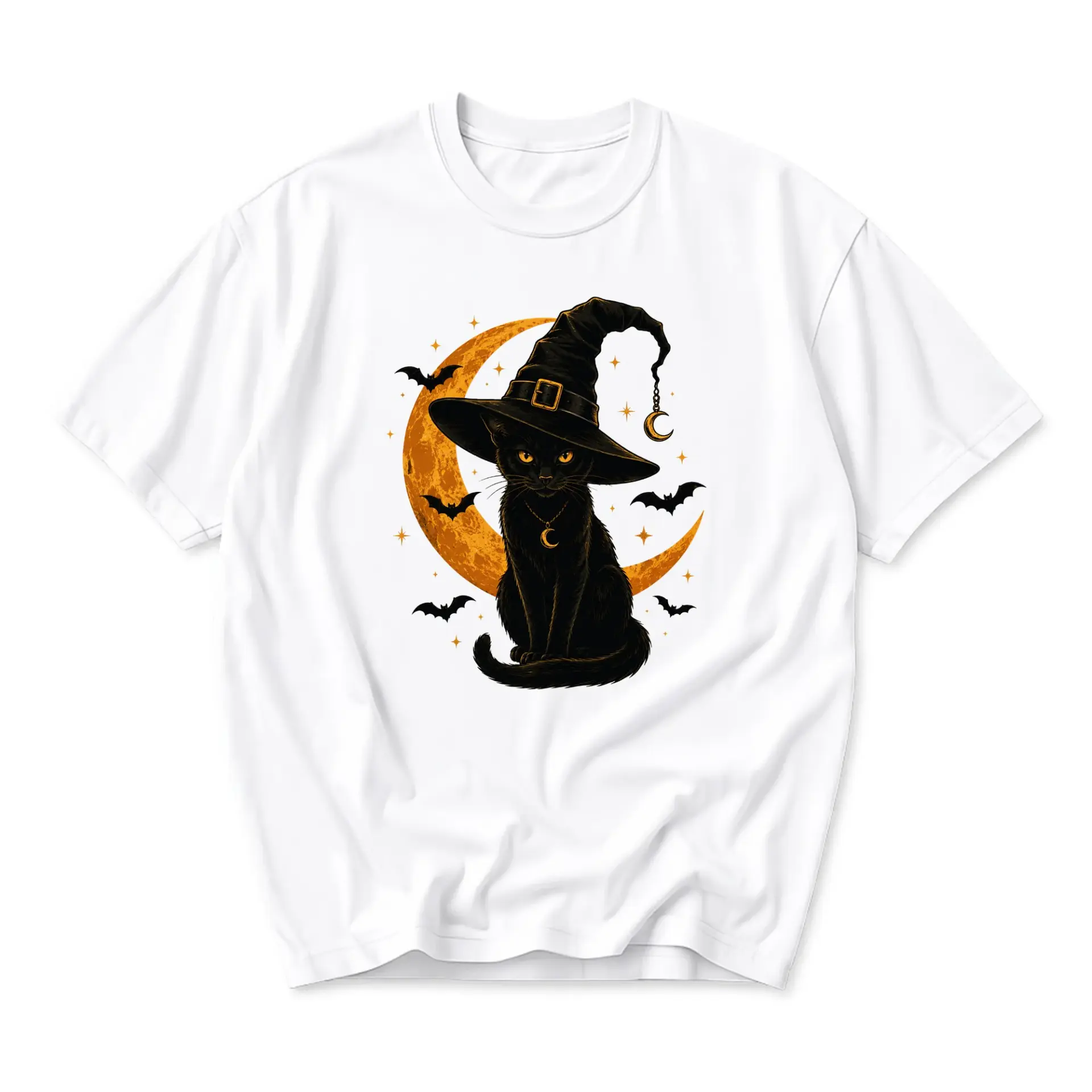 Graphic Tee Black Cat Wearing Witch Hat with Crescent Moon and Bats Artistic Illustration Print Unisex Crew Neck Shirt