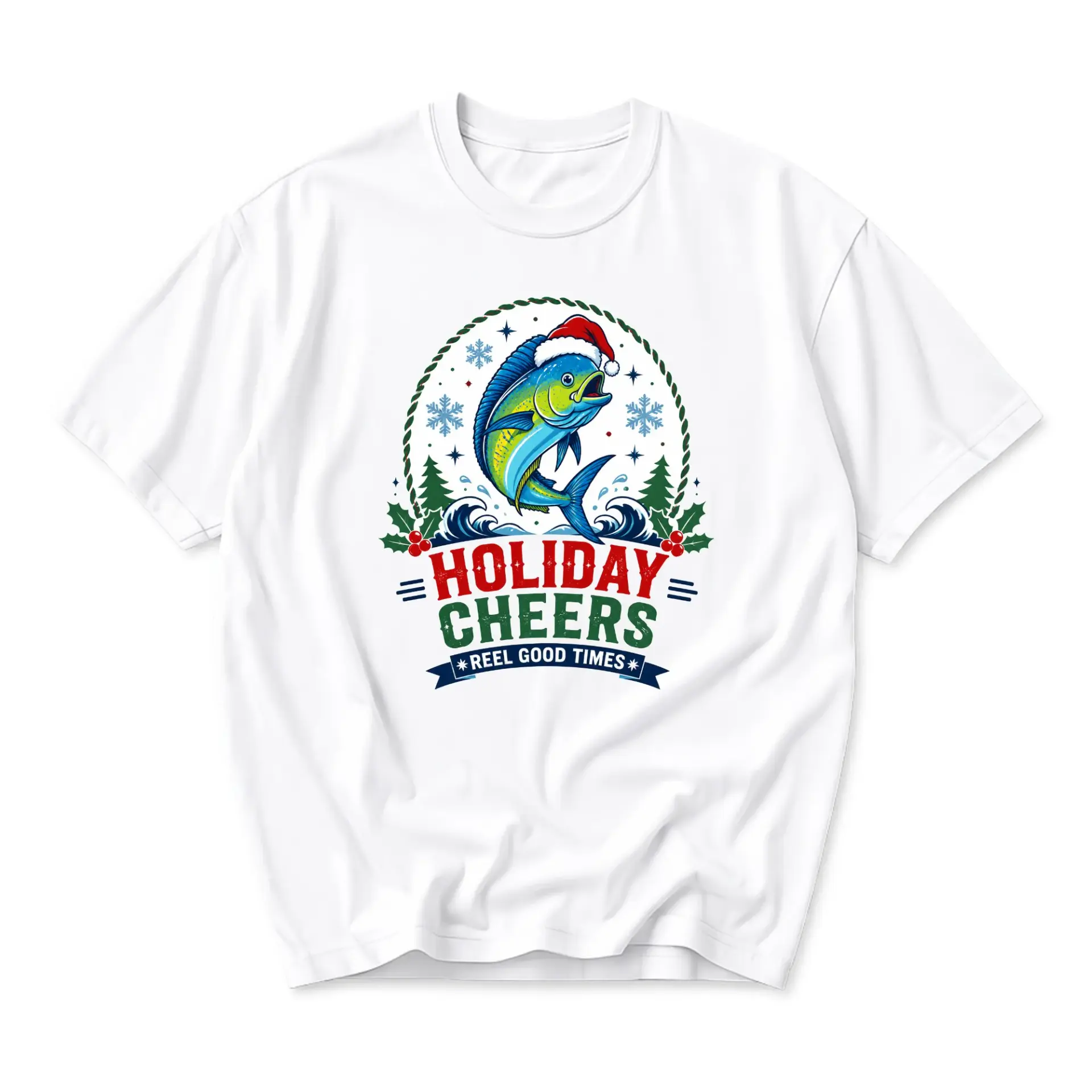 Funny Shirt Holiday Cheers Reel Good Times Graphic Tee Fishing Theme Unisex Short Sleeve Cotton Crew Neck