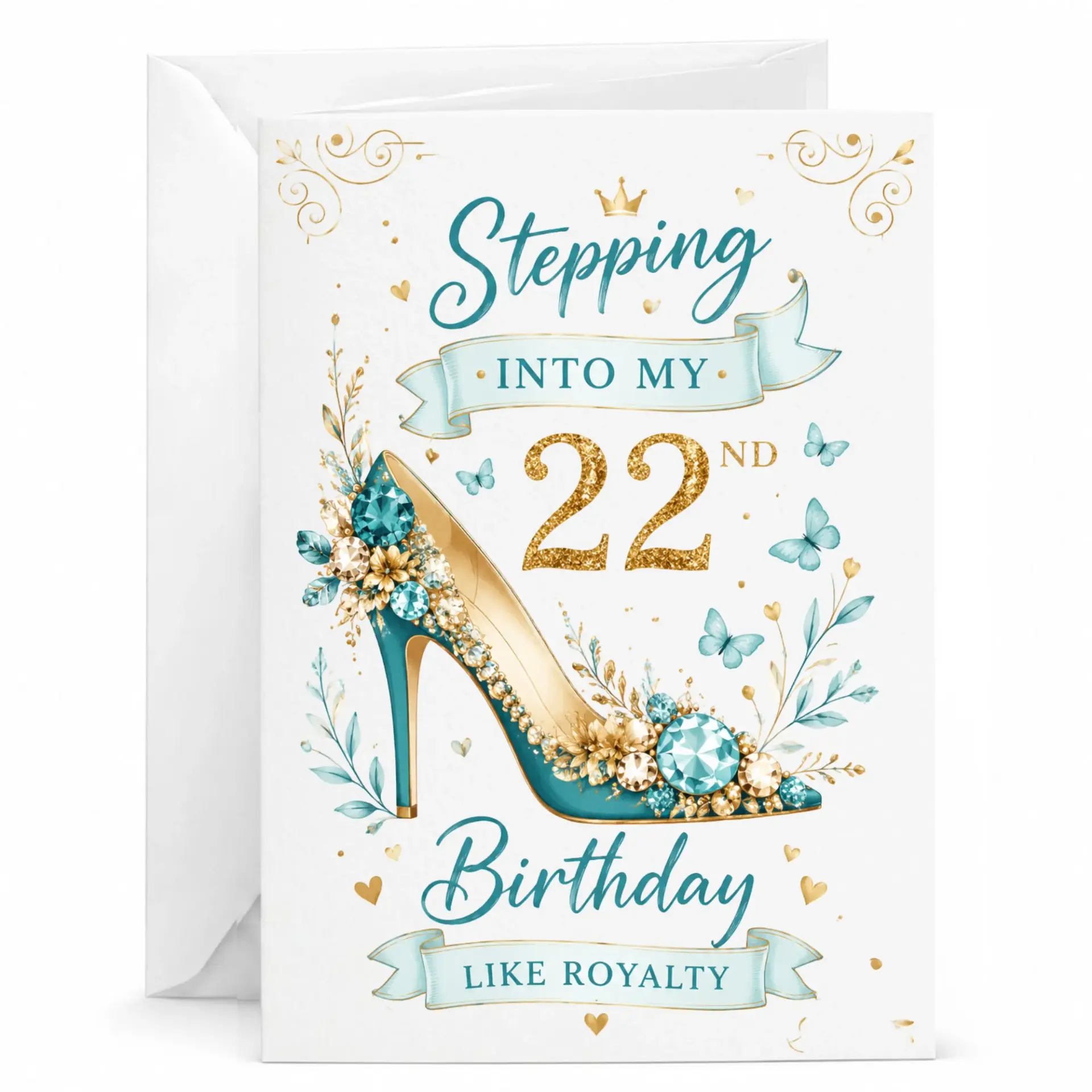 Birthday Card for 22nd Birthday with Teal High Heel Stiletto Design Elegant Floral Greeting Card for Her 5x7 Inches
