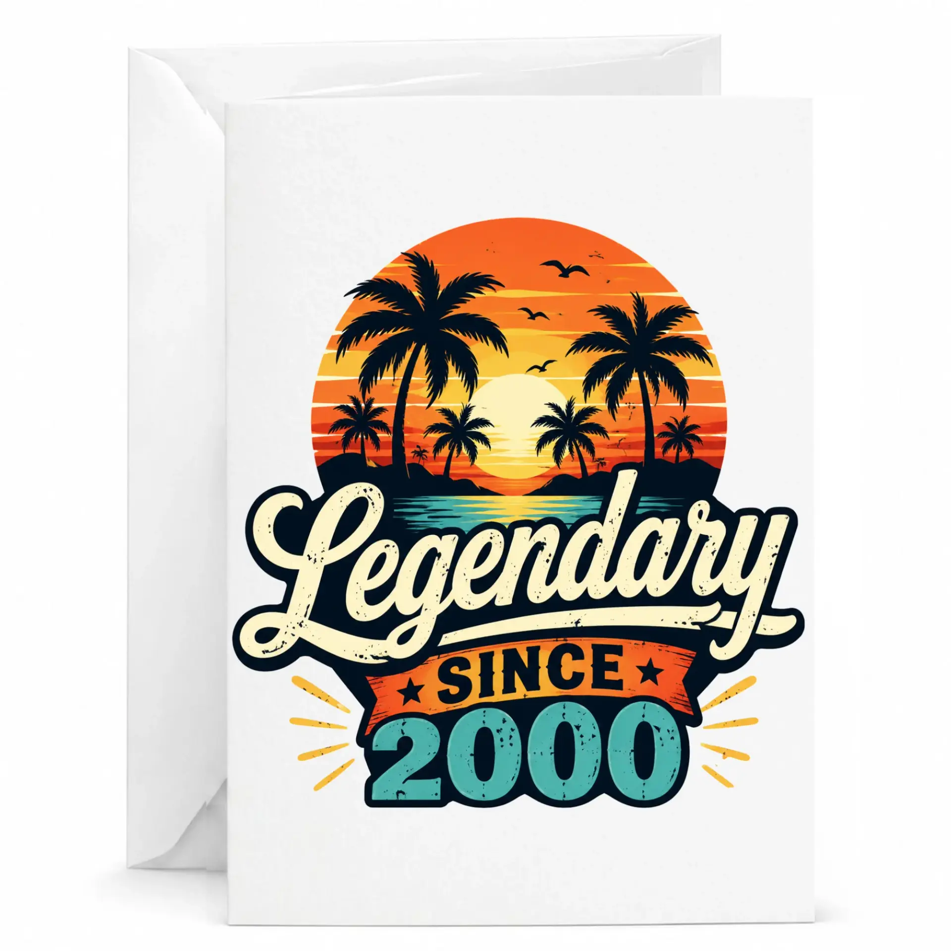 Birthday Greeting Card Legendary Since 2000 Vintage Sunset Tropical Palm Tree Design for Milestone Celebration