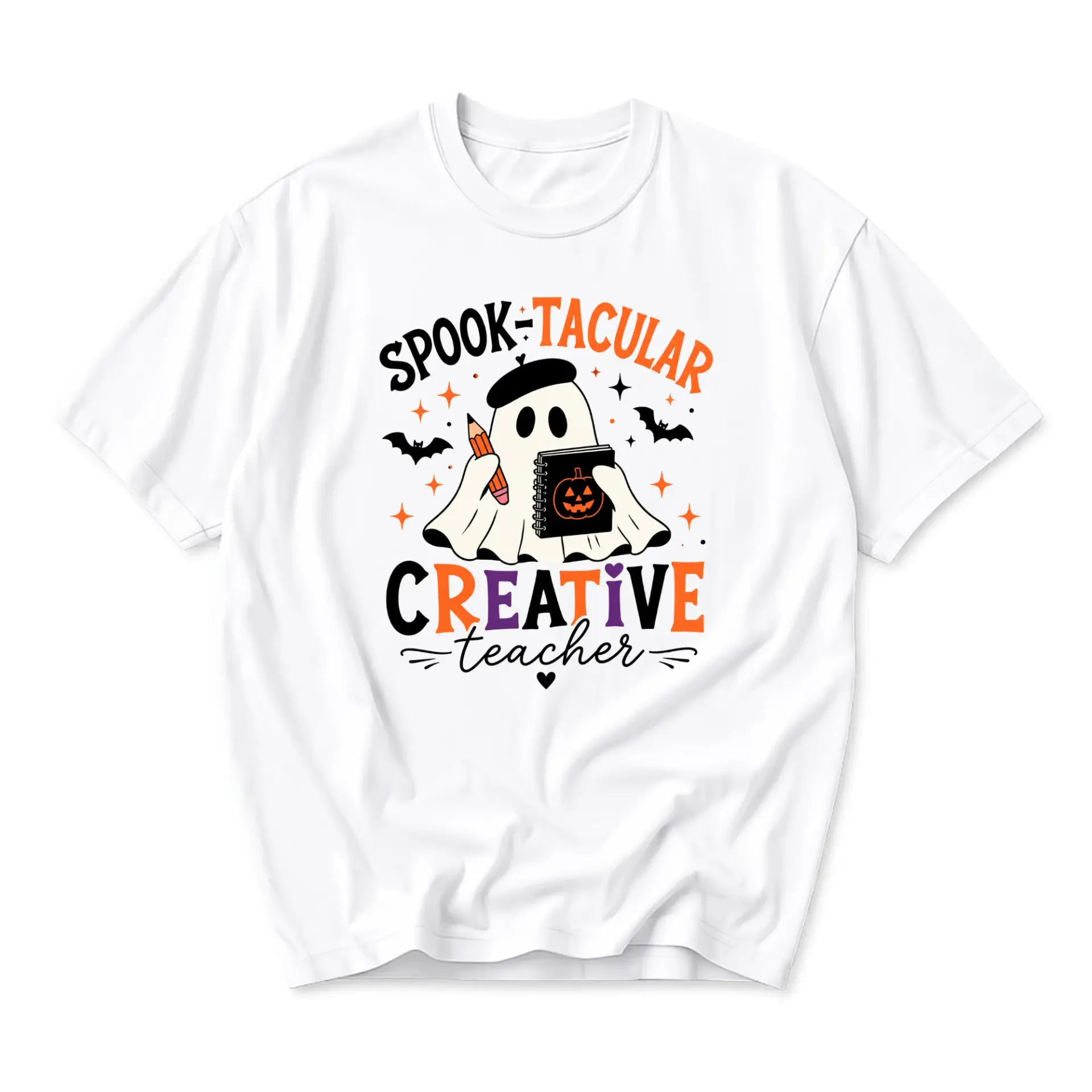 Funny Shirt Spooktacular Creative Teacher Ghost Graphic Tee for Educators Autumn Season Casual Crew Neck Cotton Apparel