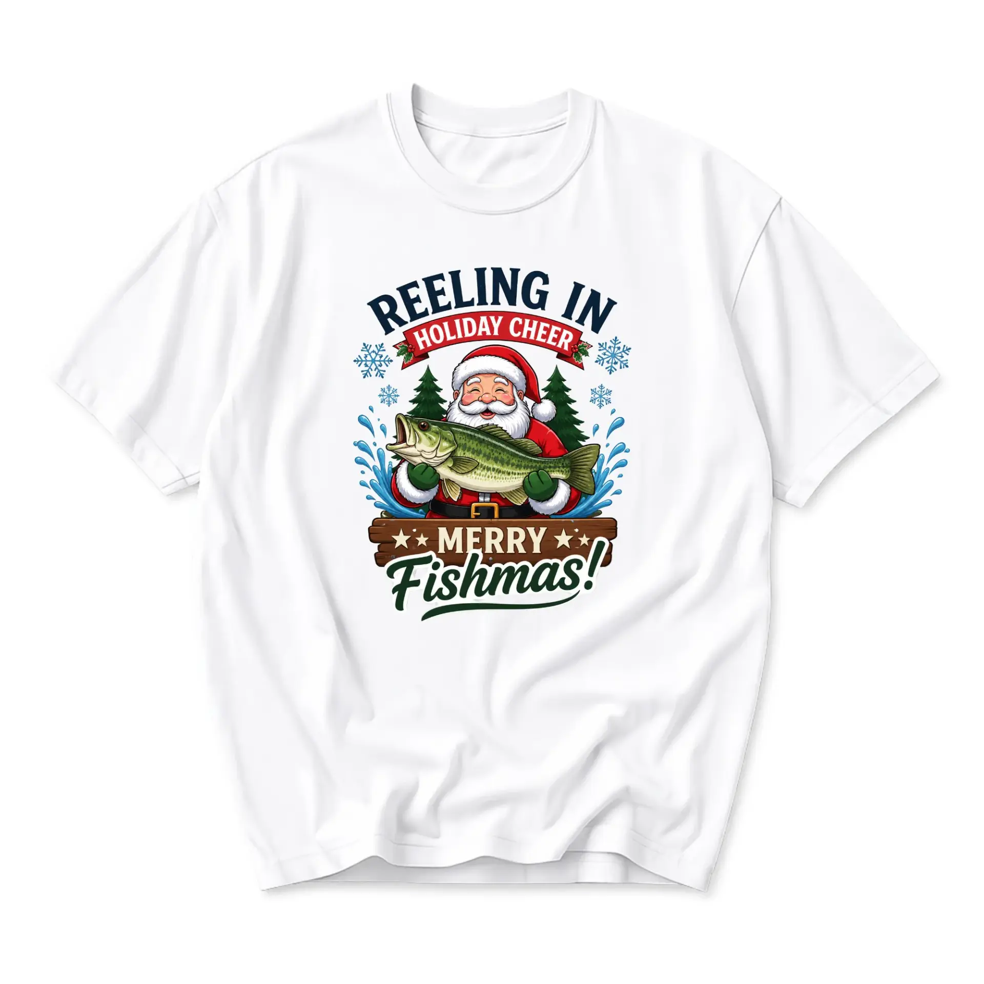 Funny Shirt Reeling in Holiday Cheer Santa Catching Fish Graphic Tee