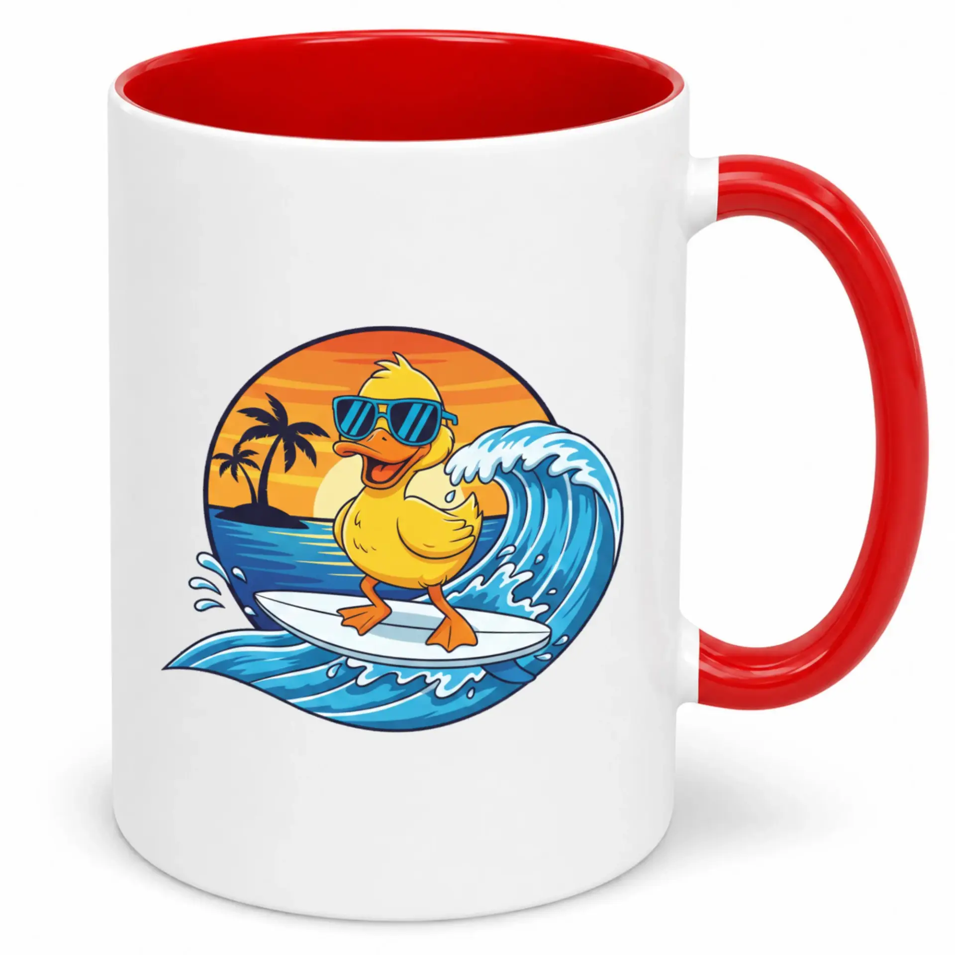 Funny Surfing Duck Coffee Mug, Adorable Cartoon Animal Surfer Ceramic Cup, Beach Sunset Themed Beverage Drinkware Gift for Ocean Lovers