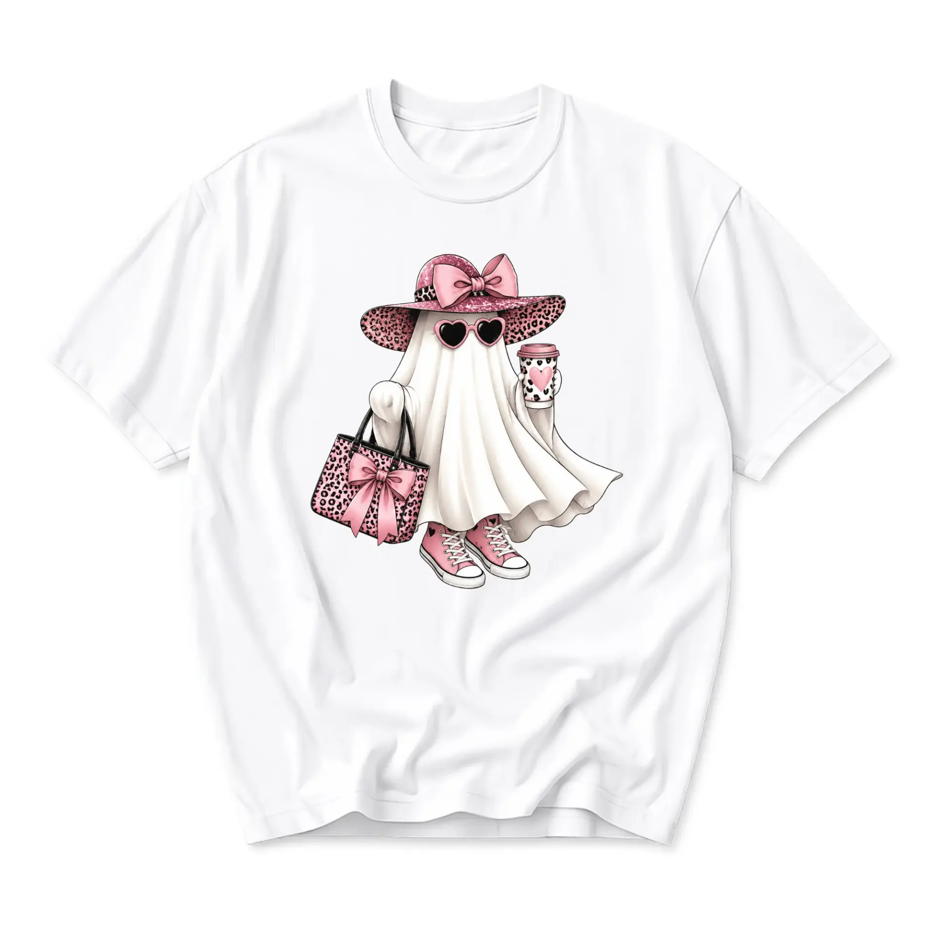 Graphic Tee Stylish Ghost Illustration Trendy Pink Leopard Print Casual Unisex Short Sleeve Crew Neck T-Shirt