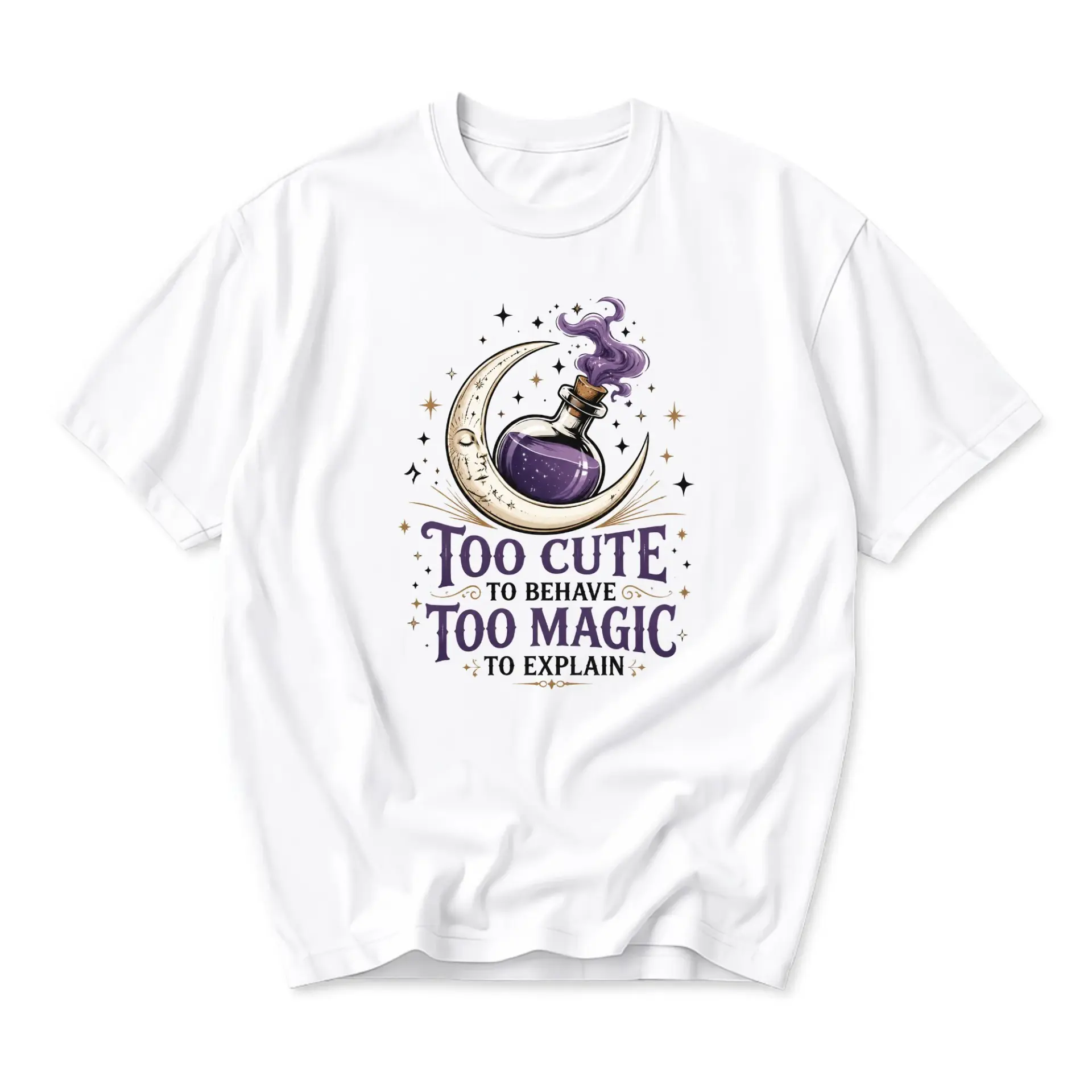 Funny Shirt Too Cute to Behave Too Magic to Explain Graphic Tee Witchy Celestial Moon Potion Unisex Crew Neck Apparel