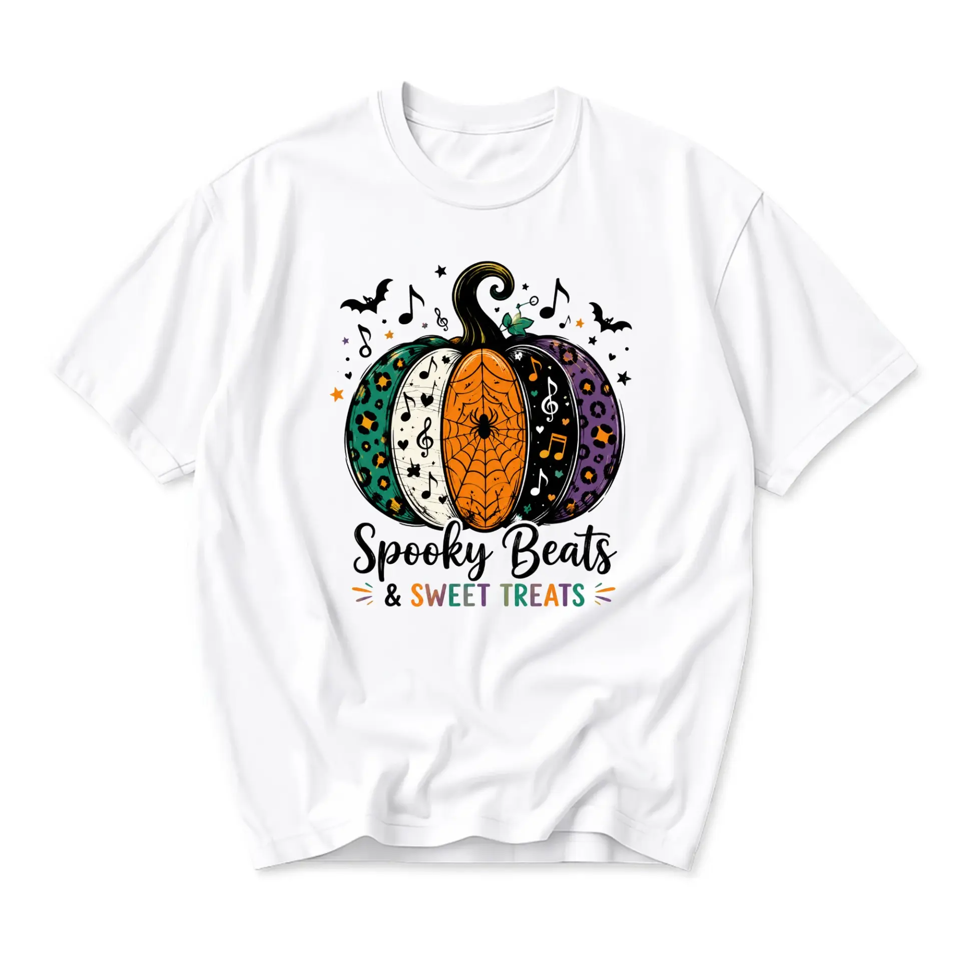 Graphic Tee Spooky Beats and Sweet Treats Pumpkin Music Shirt Unisex Seasonal Holiday Casual Short Sleeve Apparel