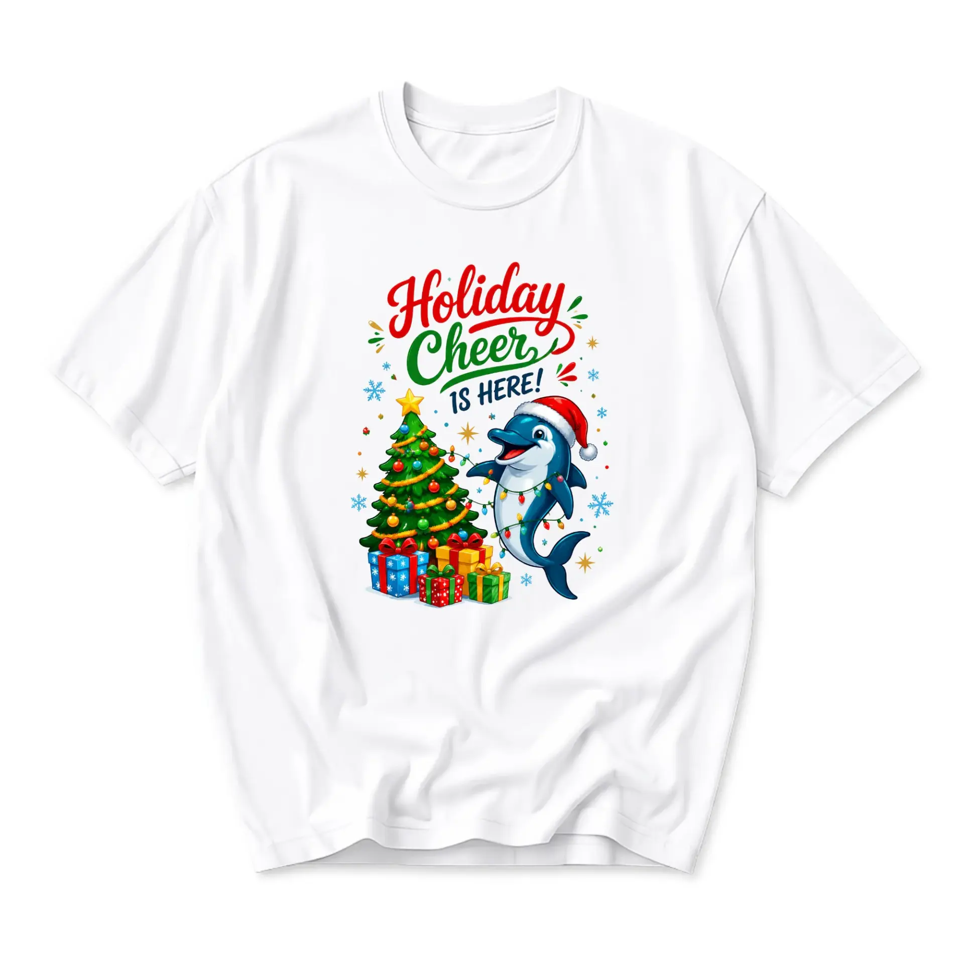 Graphic Tee Holiday Cheer Is Here Dolphin Christmas Tree Unisex Crew Neck Casual Everyday Short Sleeve T-Shirt White