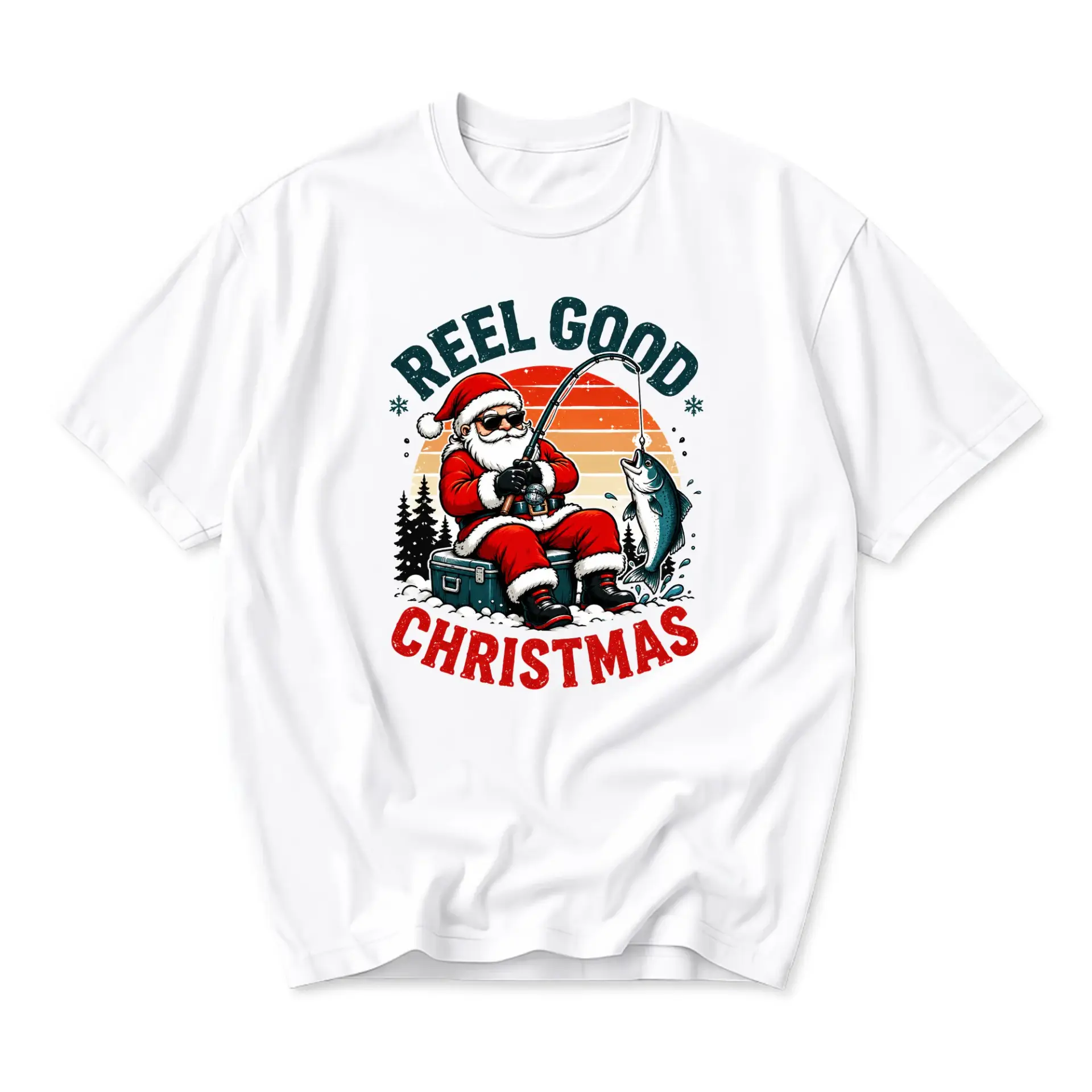 Funny Shirt Reel Good Christmas Graphic Tee Retro Santa Fishing Unisex Crew Neck Short Sleeve Casual Cotton T-Shirt