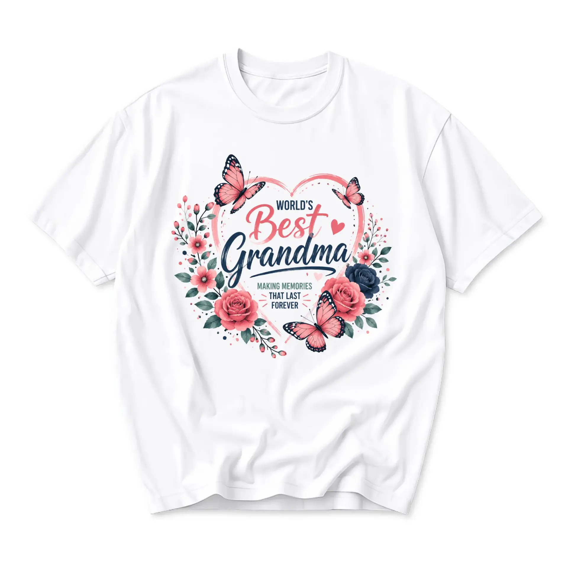 Graphic Tee World's Best Grandma Floral Butterfly Design Unisex Crew Neck Short Sleeve Casual Cotton Blend T-Shirt