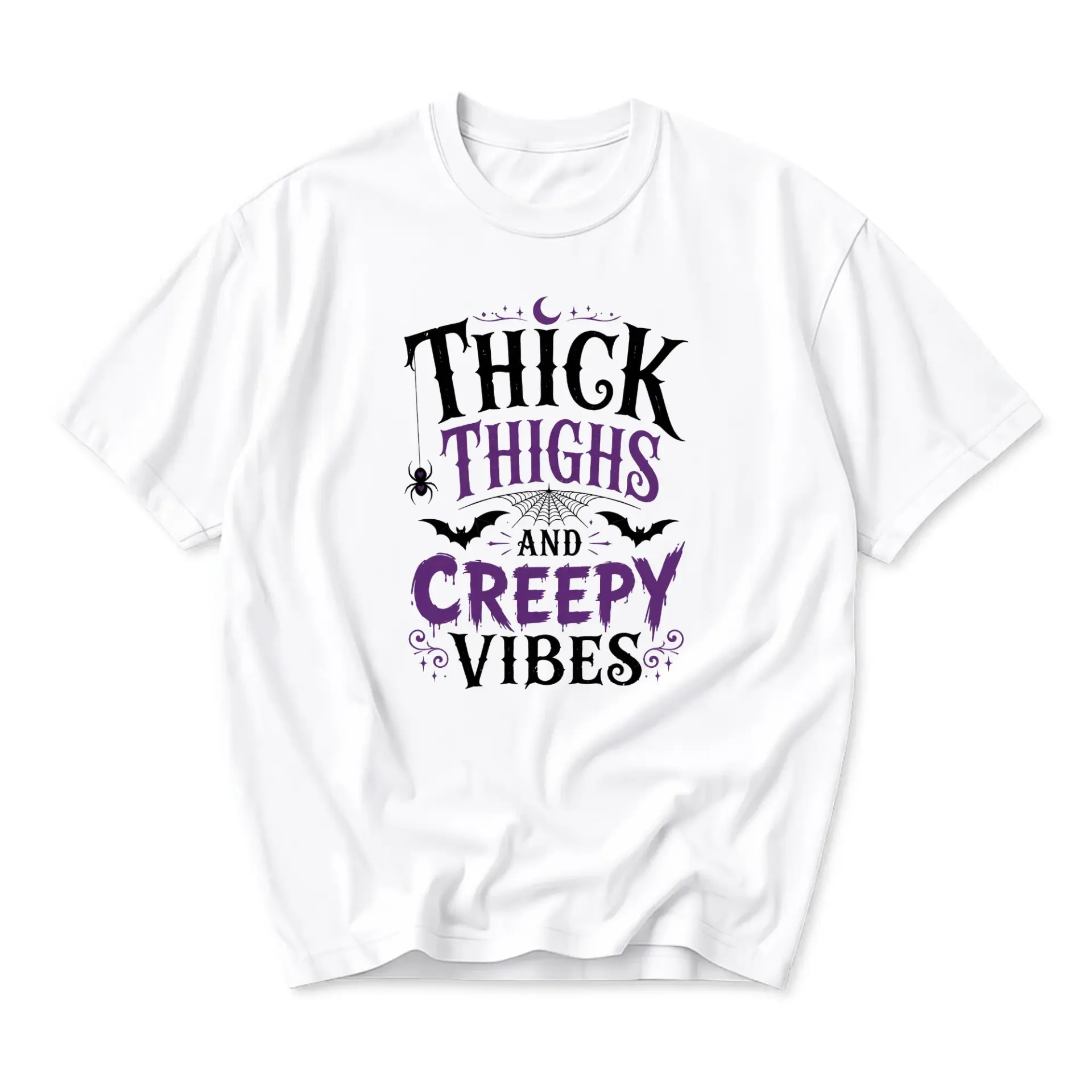 Funny Shirt Thick Thighs and Creepy Vibes Graphic Tee Unisex Casual Crew Neck Halloween Themed Cotton Blend Top