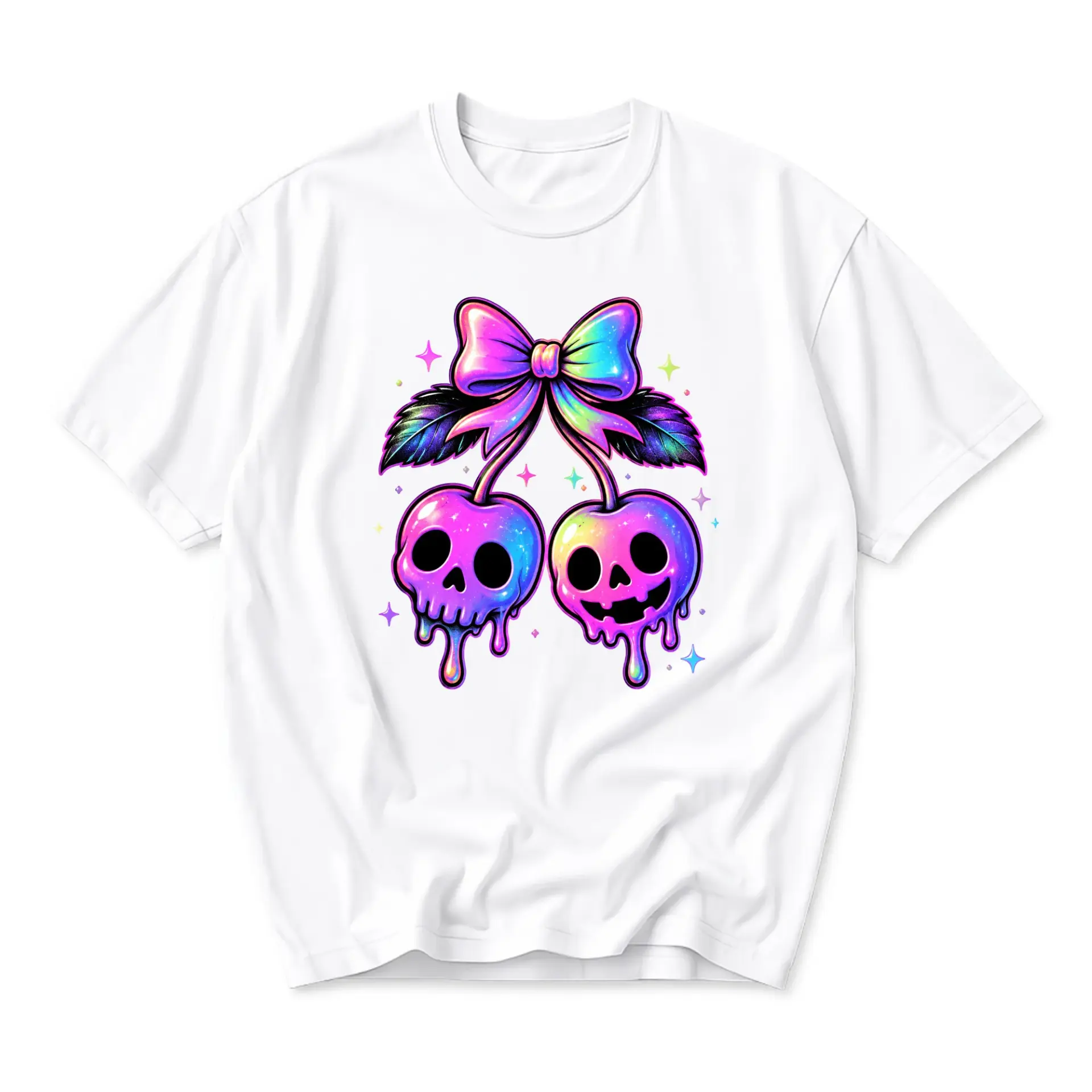 Graphic Tee Unisex Crew Neck T-Shirt Featuring Colorful Dripping Skull Cherry Illustration with Sparkle Bow Details