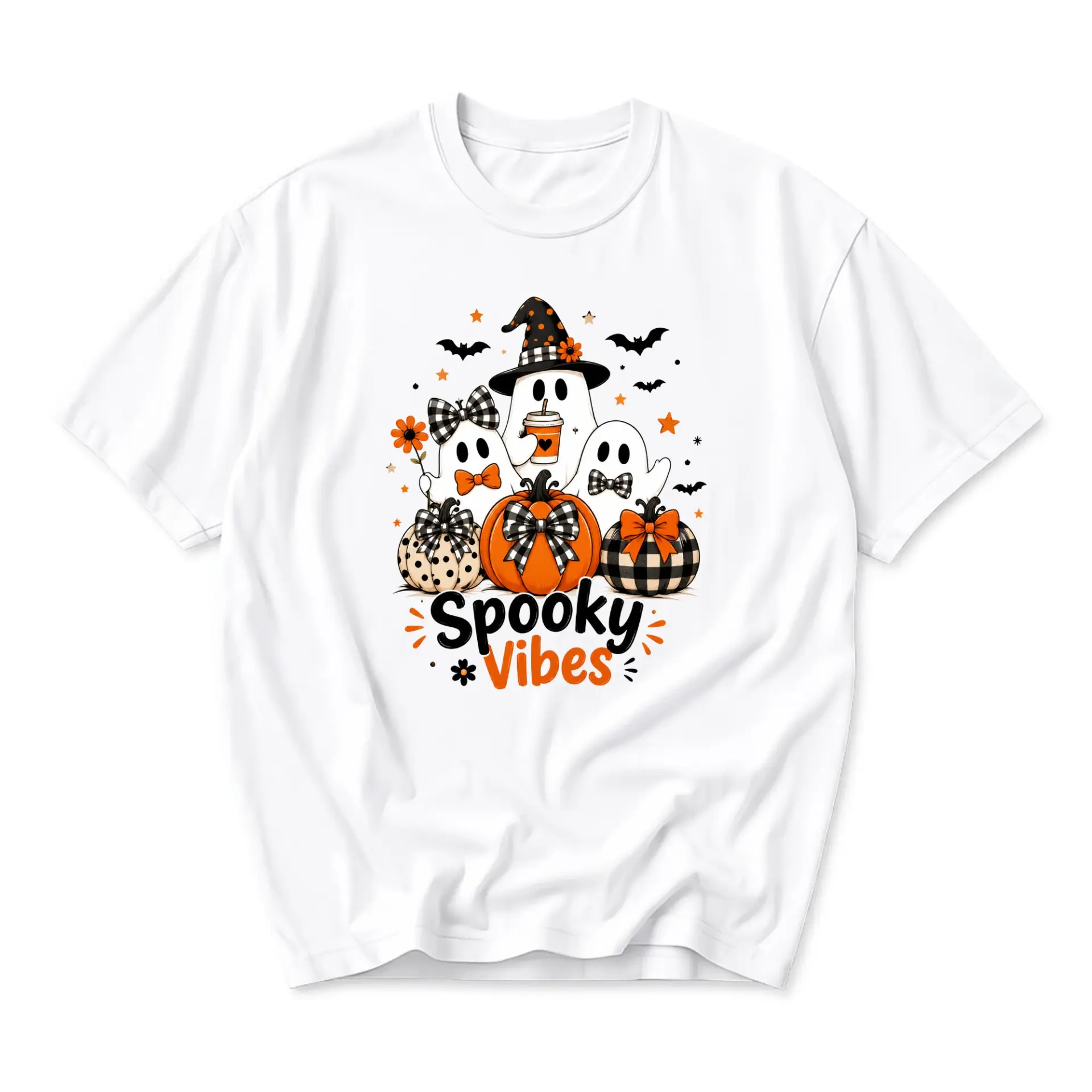 Funny Shirt Spooky Vibes Ghost and Pumpkin Graphic Tee for Halloween Season Casual Everyday Unisex Crew Neck Apparel
