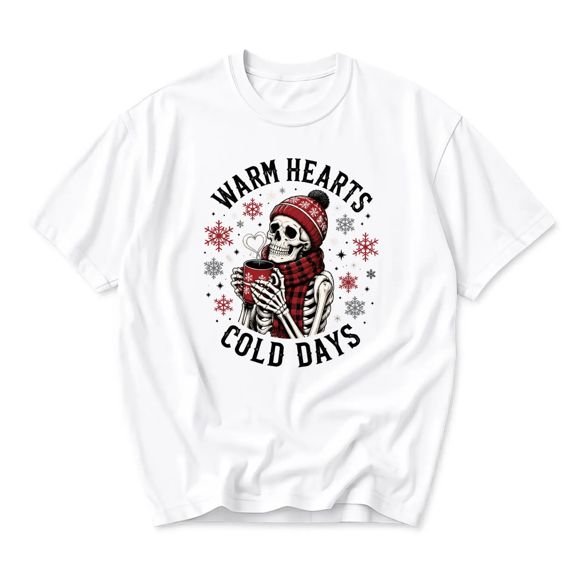 Graphic Tee Warm Hearts Cold Days Skeleton Drinking Hot Cocoa Winter Holiday Unisex Crew Neck Short Sleeve Shirt