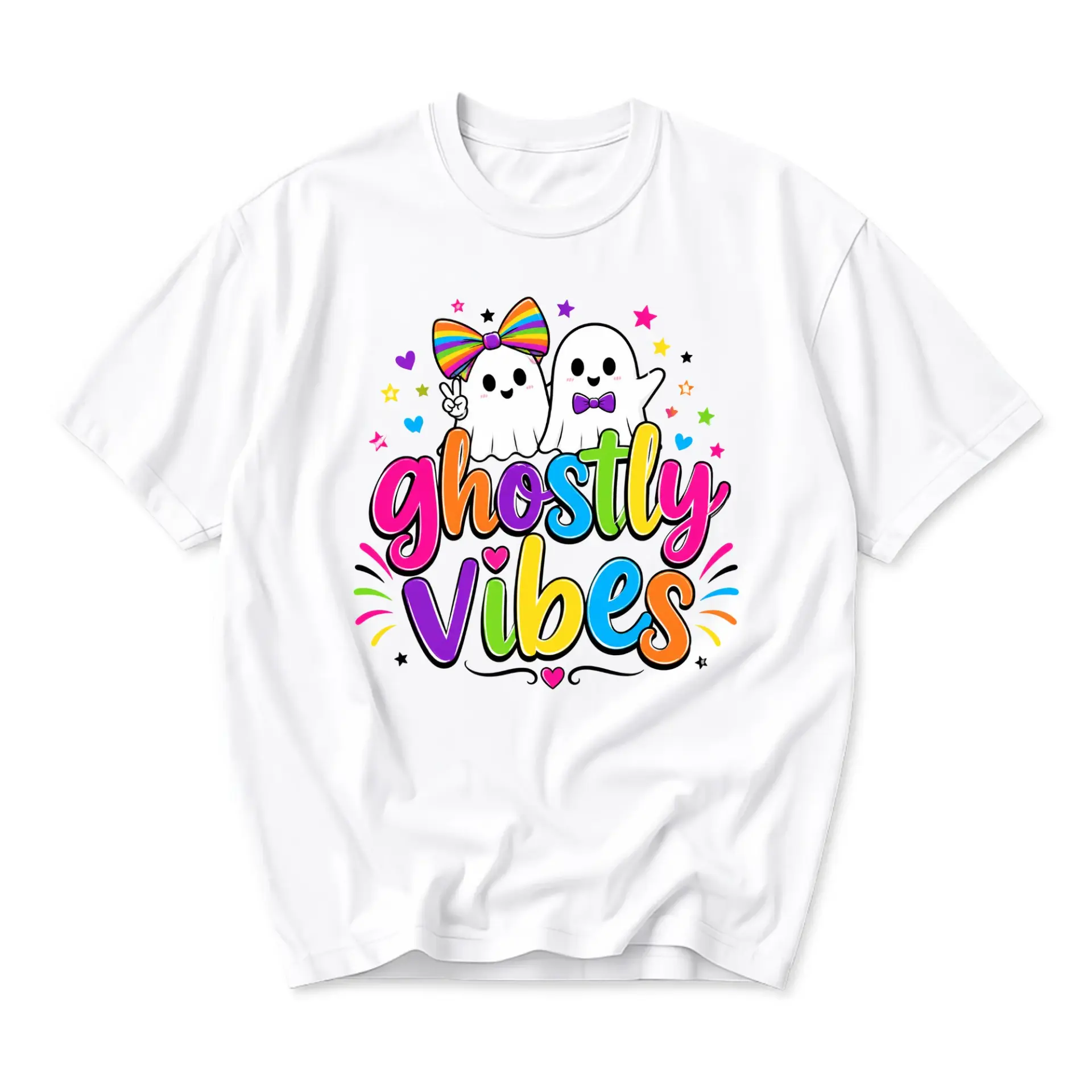Graphic Tee Ghostly Vibes Rainbow Cartoon Ghosts Unisex Crew Neck Casual Everyday Short Sleeve Shirt White Top
