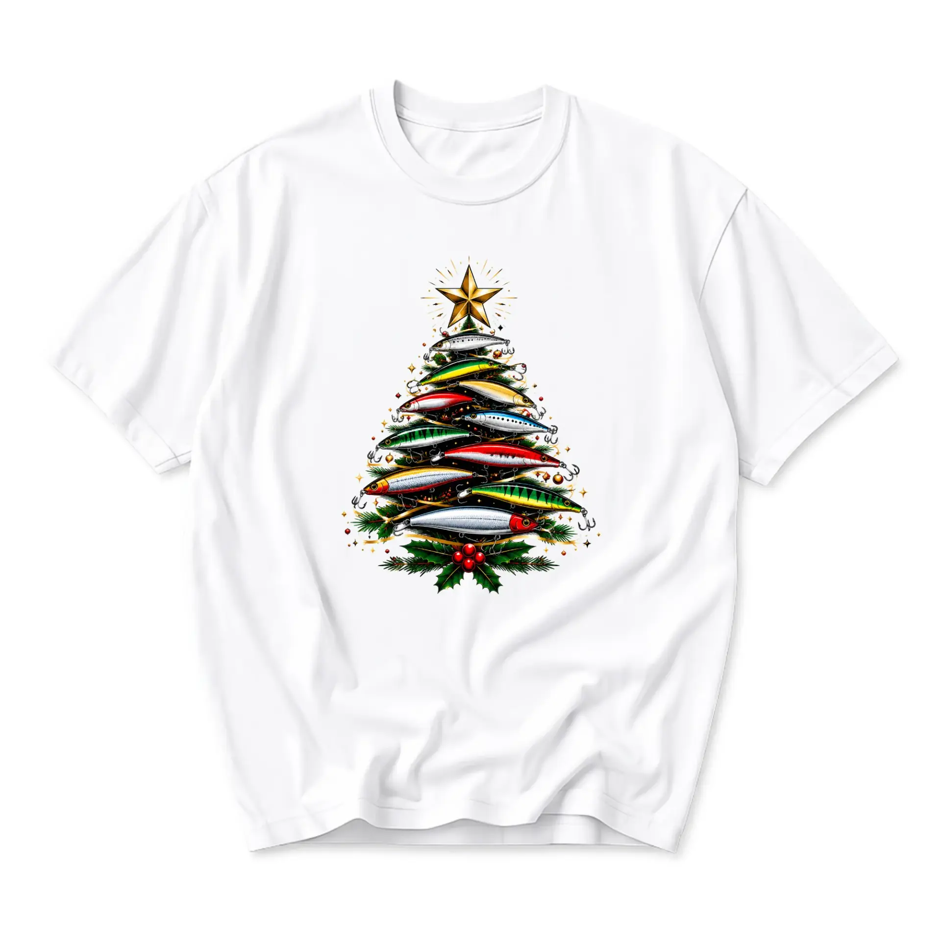 Funny Shirt Christmas Fishing Tree Graphic Tee Unisex Crew Neck Casual Cotton Blend Apparel for Outdoor Enthusiasts