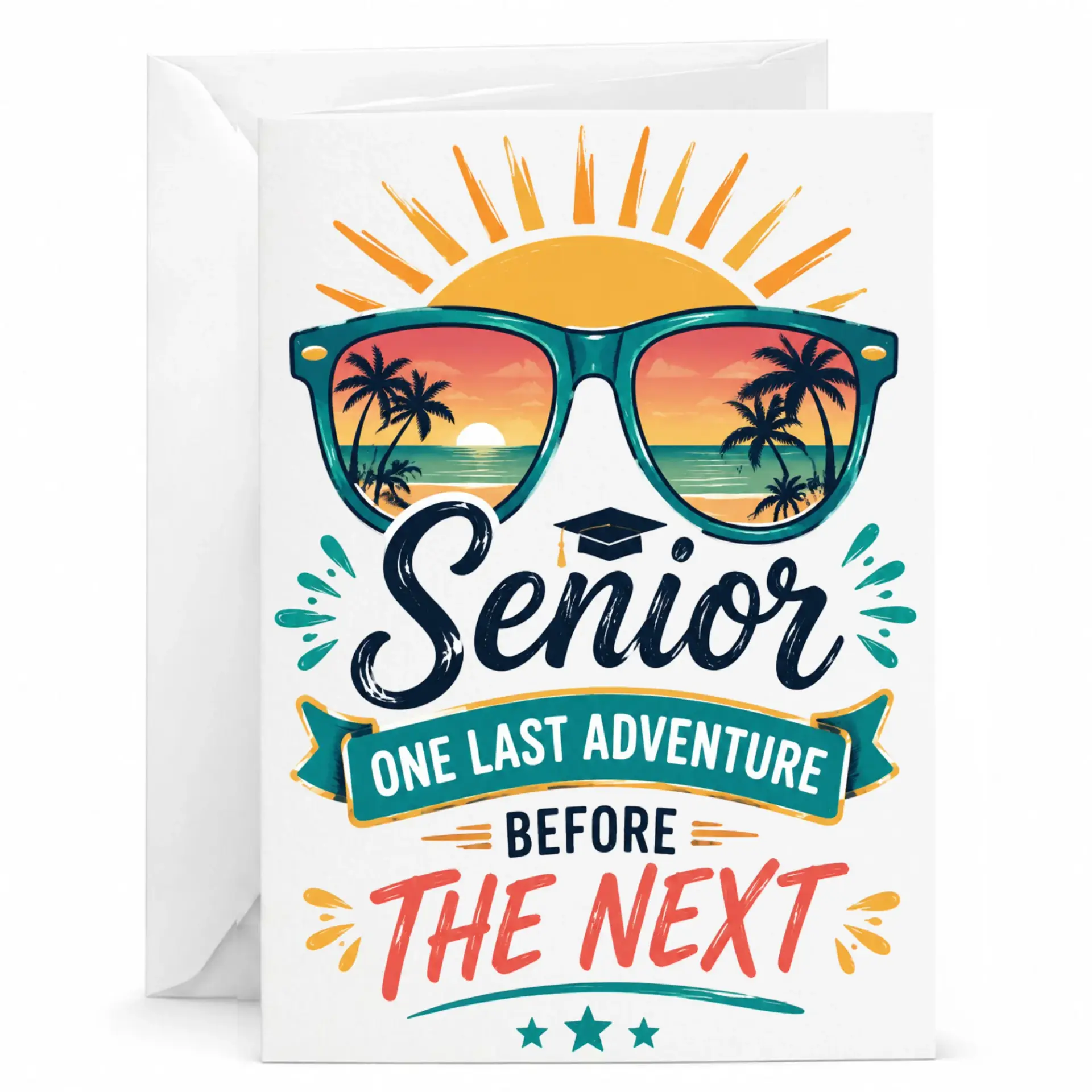 Greeting Card for Senior One Last Adventure Before the Beach Sunset Themed Graduation with Envelope