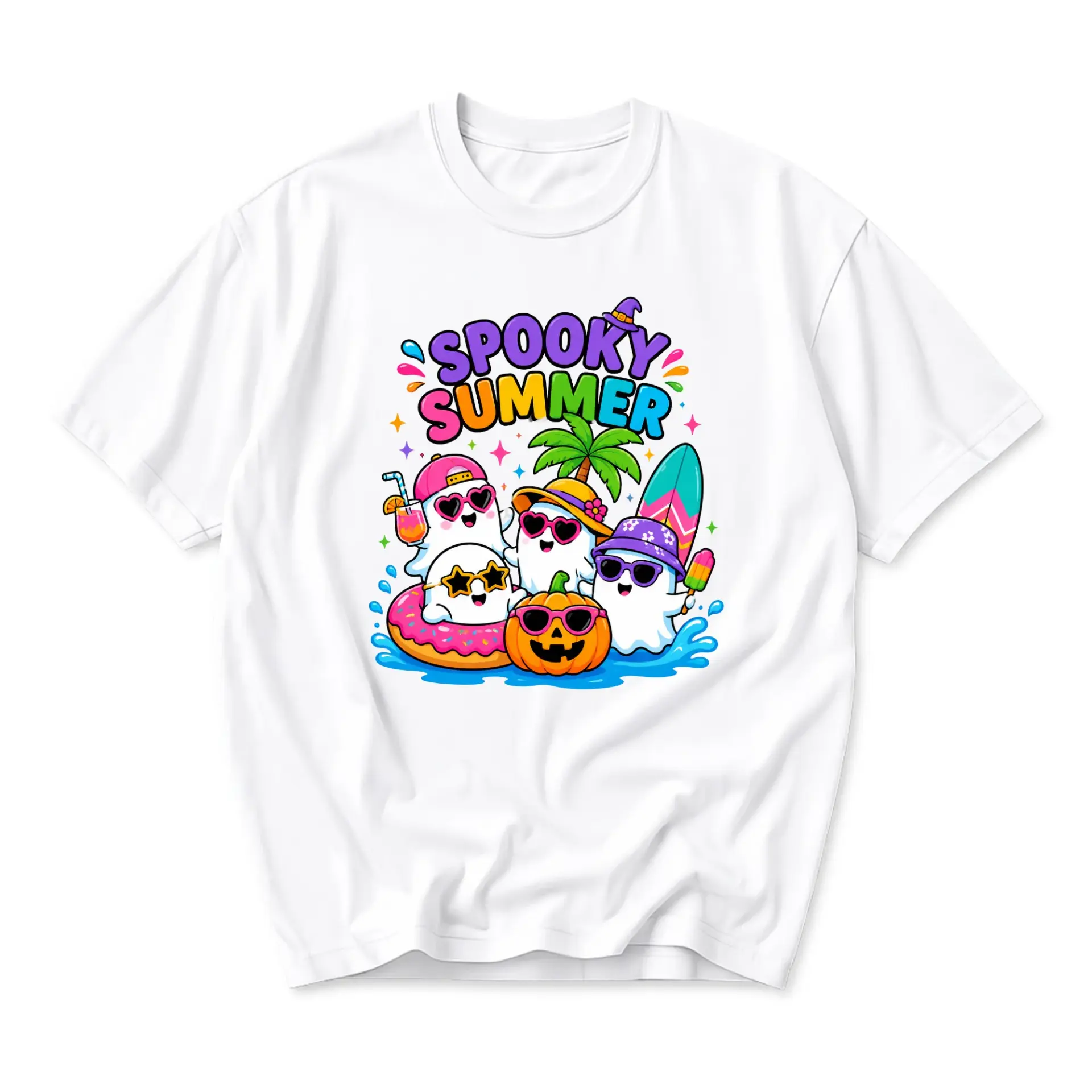 Funny Shirt Spooky Summer Graphic Tee Tropical Ghost Design Casual Unisex Crew Neck Top Soft Cotton Everyday Apparel
