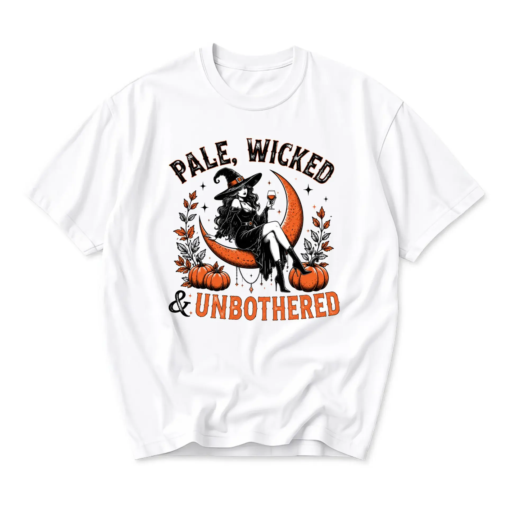 Graphic Tee Pale Wicked and Unbothered Witch Moon T-Shirt Casual Unisex Apparel for Seasonal Everyday Wear