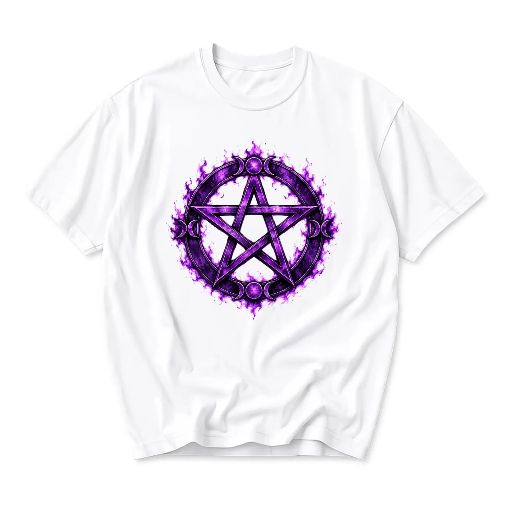 Graphic Tee Unisex Crew Neck T-Shirt Featuring Purple Flaming Pentagram and Triple Moon Goddess Design