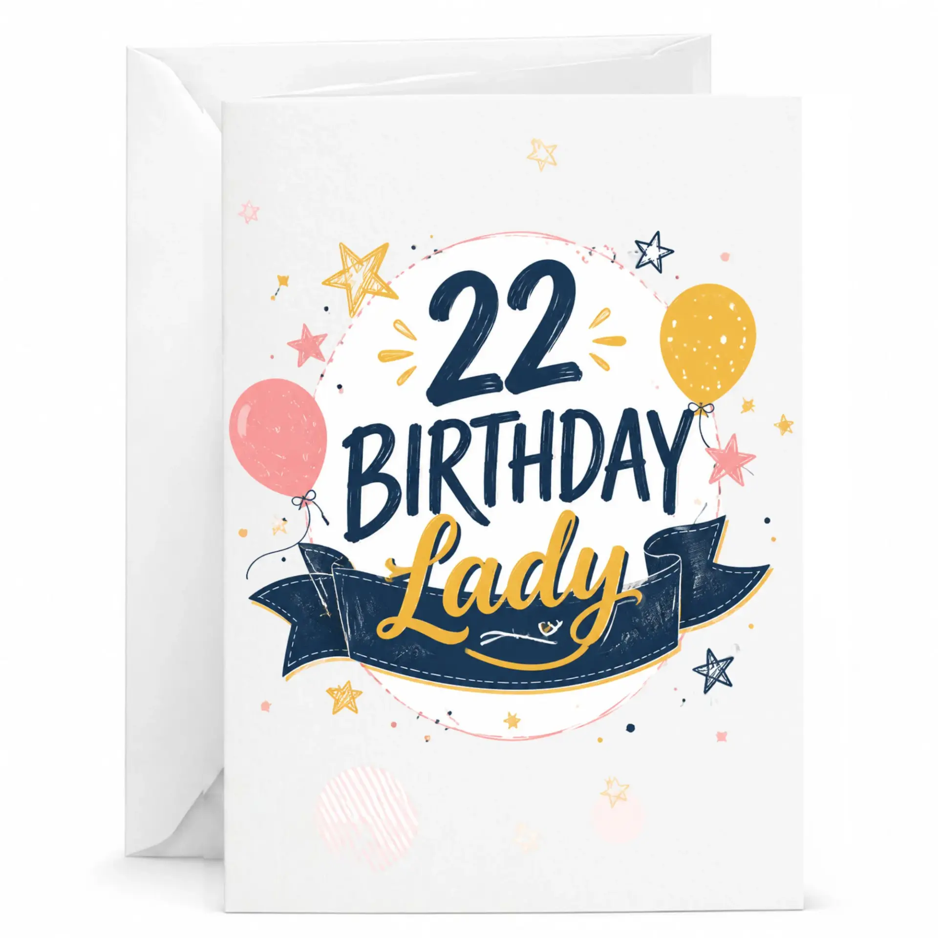 Birthday Card 22nd Celebration Greeting Card for Her with Festive Balloon and Star Decorative Design and White Envelope