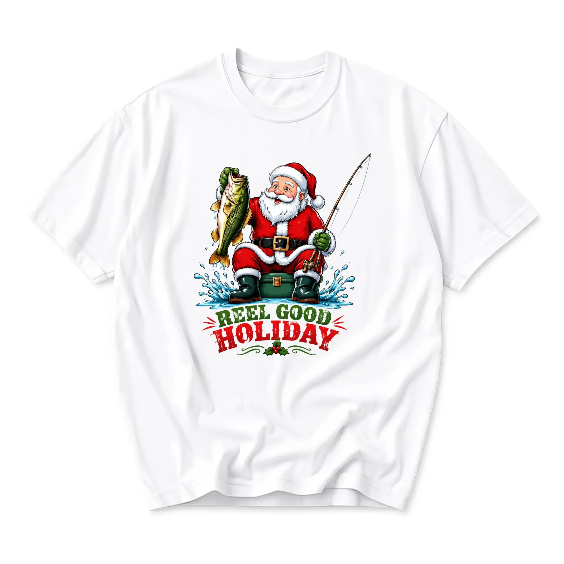 Funny Shirt Reel Good Holiday Fishing Santa Graphic Tee Casual Unisex Crew