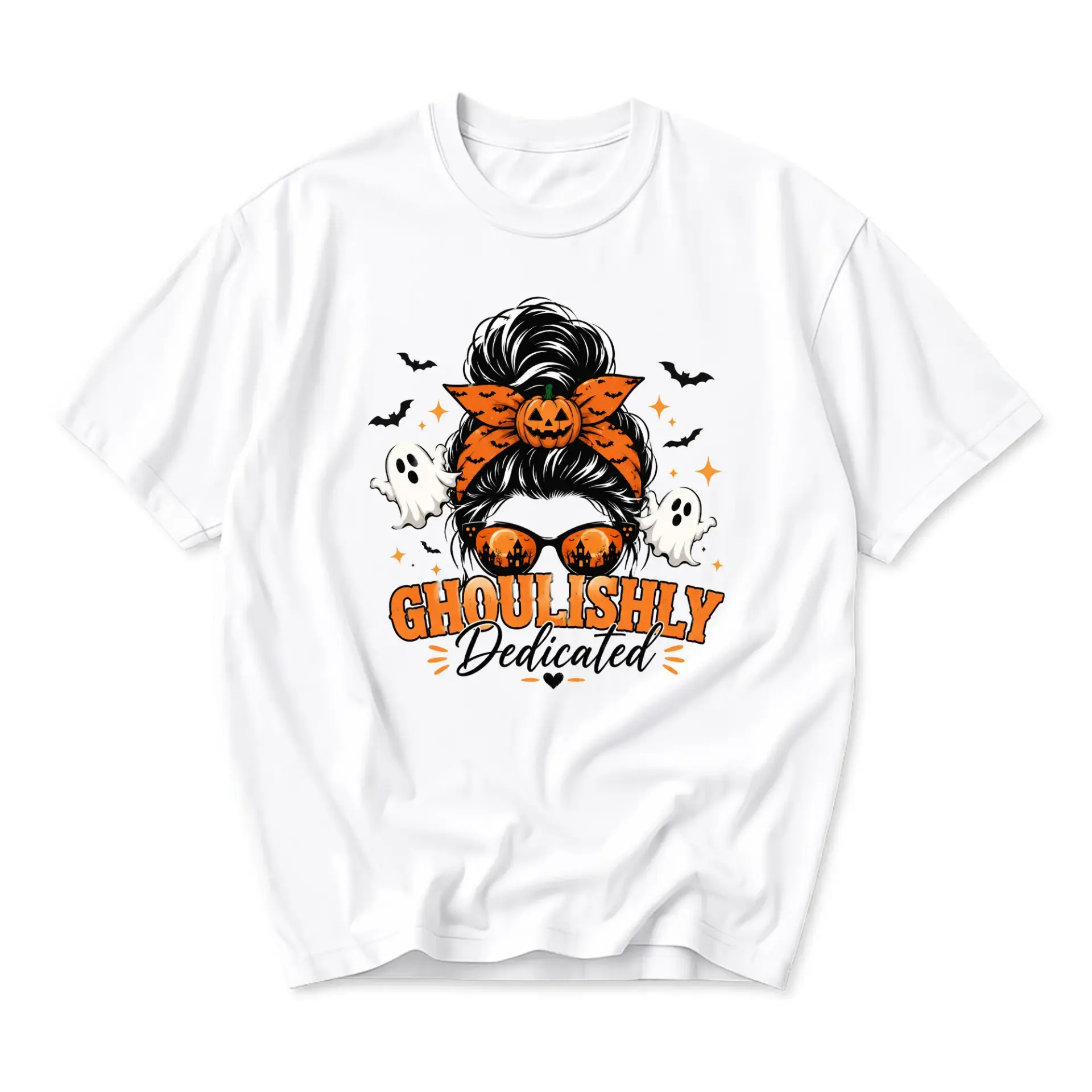 Funny Shirt Ghoulishly Dedicated Halloween Ghost Pumpkin Graphic Printed Unisex Crew Neck Casual Everyday T-Shirt