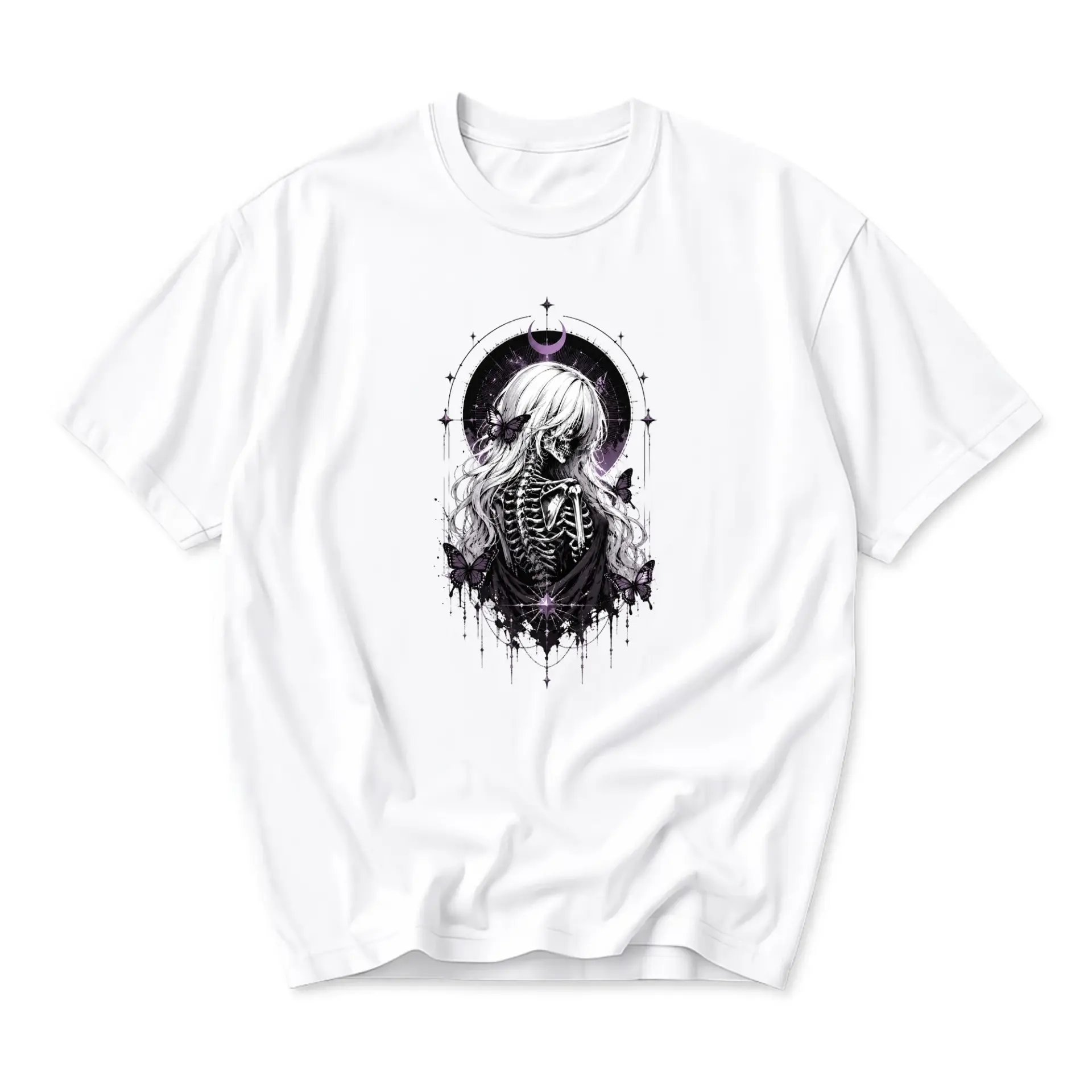 Graphic Tee Gothic Skeleton Girl with Butterflies Art Print Unisex Casual Crew Neck Comfortable Cotton Blend Shirt