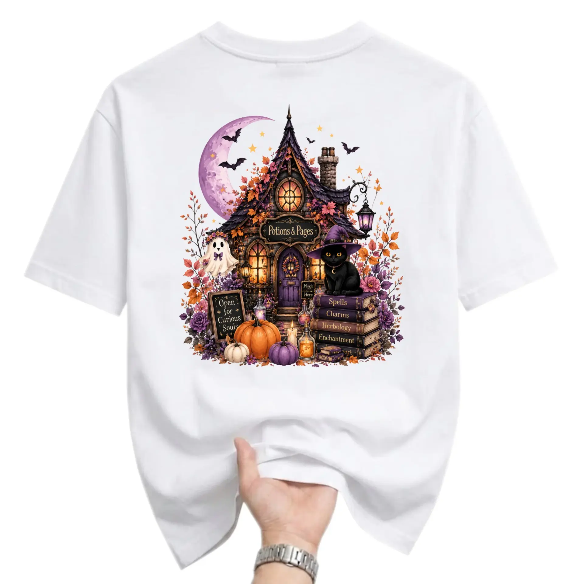 Graphic Tee Unisex Crew Neck Short Sleeve Shirt Featuring Whimsical Fall Cottage Illustration for Seasonal Apparel