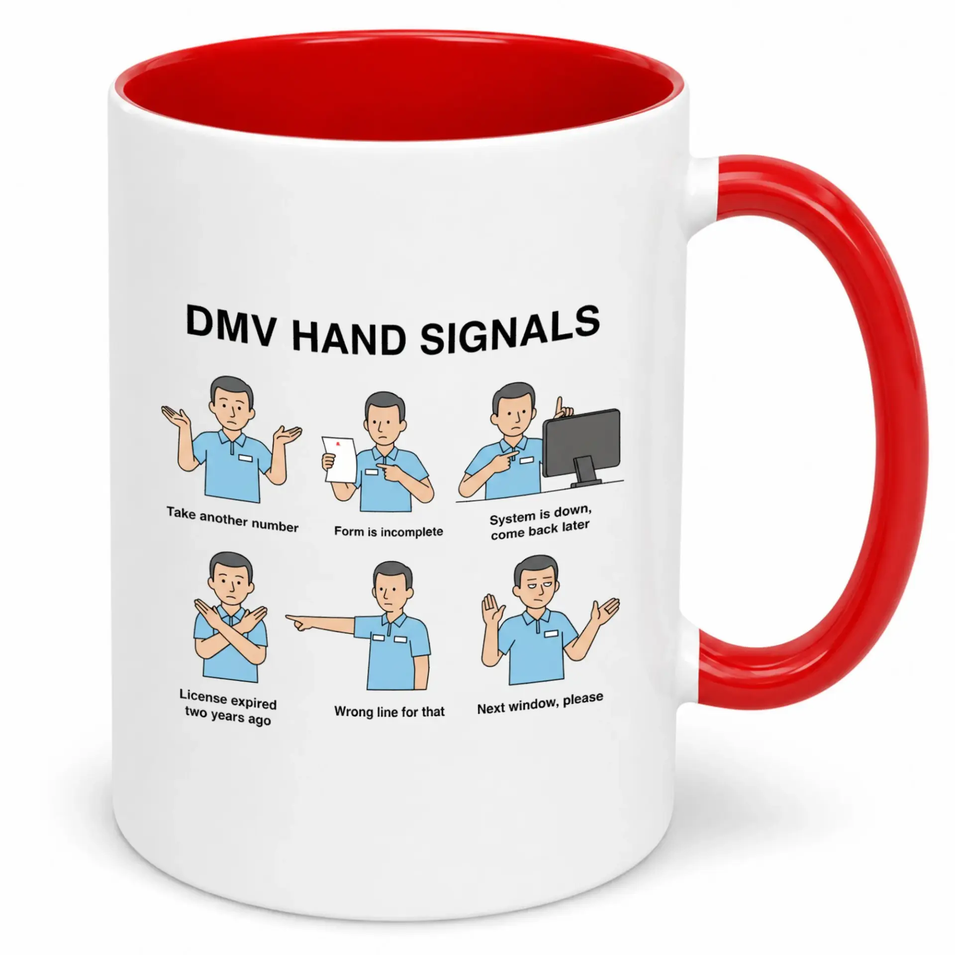 Funny Dmv Hand Signals Ceramic Coffee Mug with Humorous Office Bureaucracy Cartoon Design White and Red Drinkware Cup