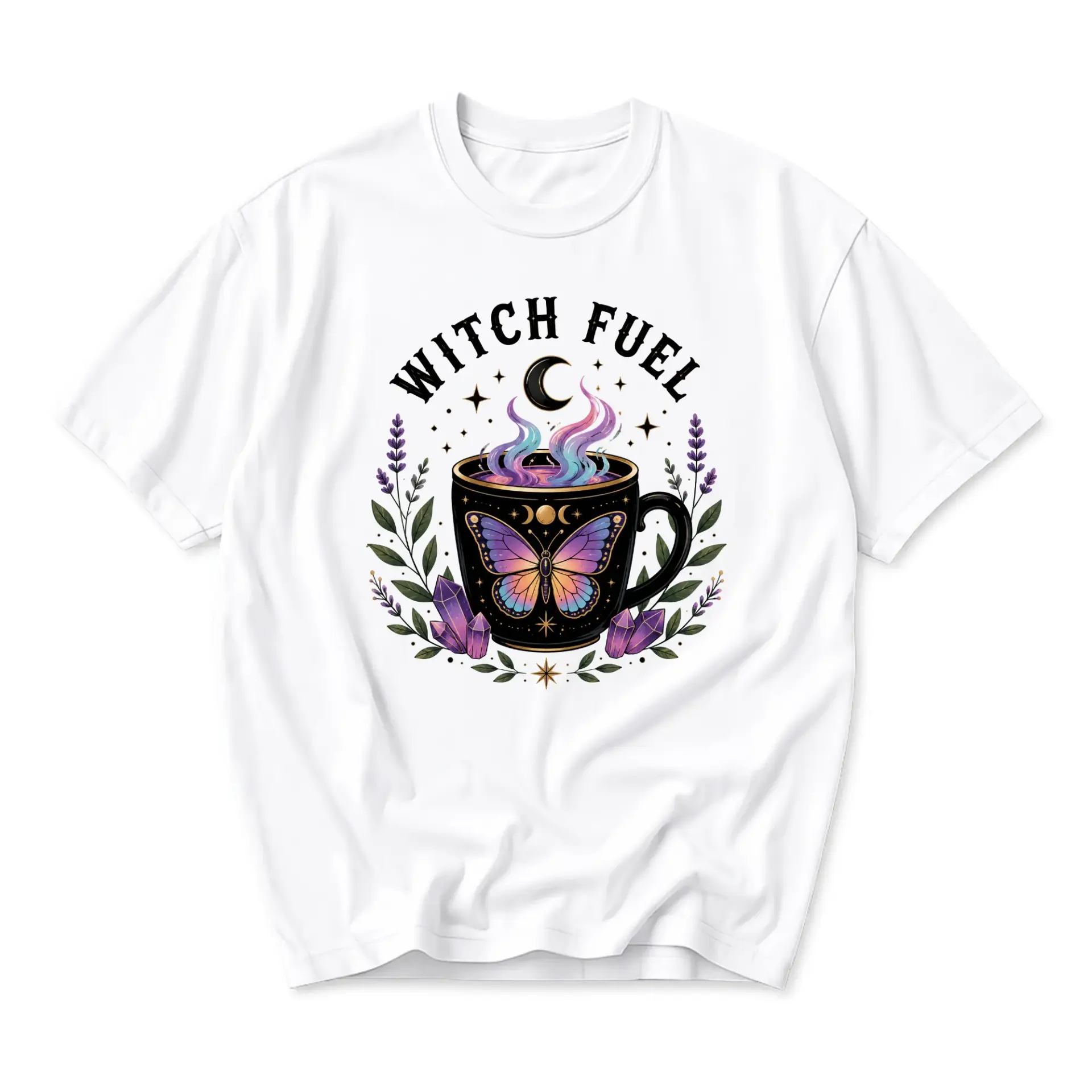 Funny Shirt Witch Fuel Butterfly Coffee Cup Graphic Tee Casual Unisex Crew Neck Cotton Blend Apparel