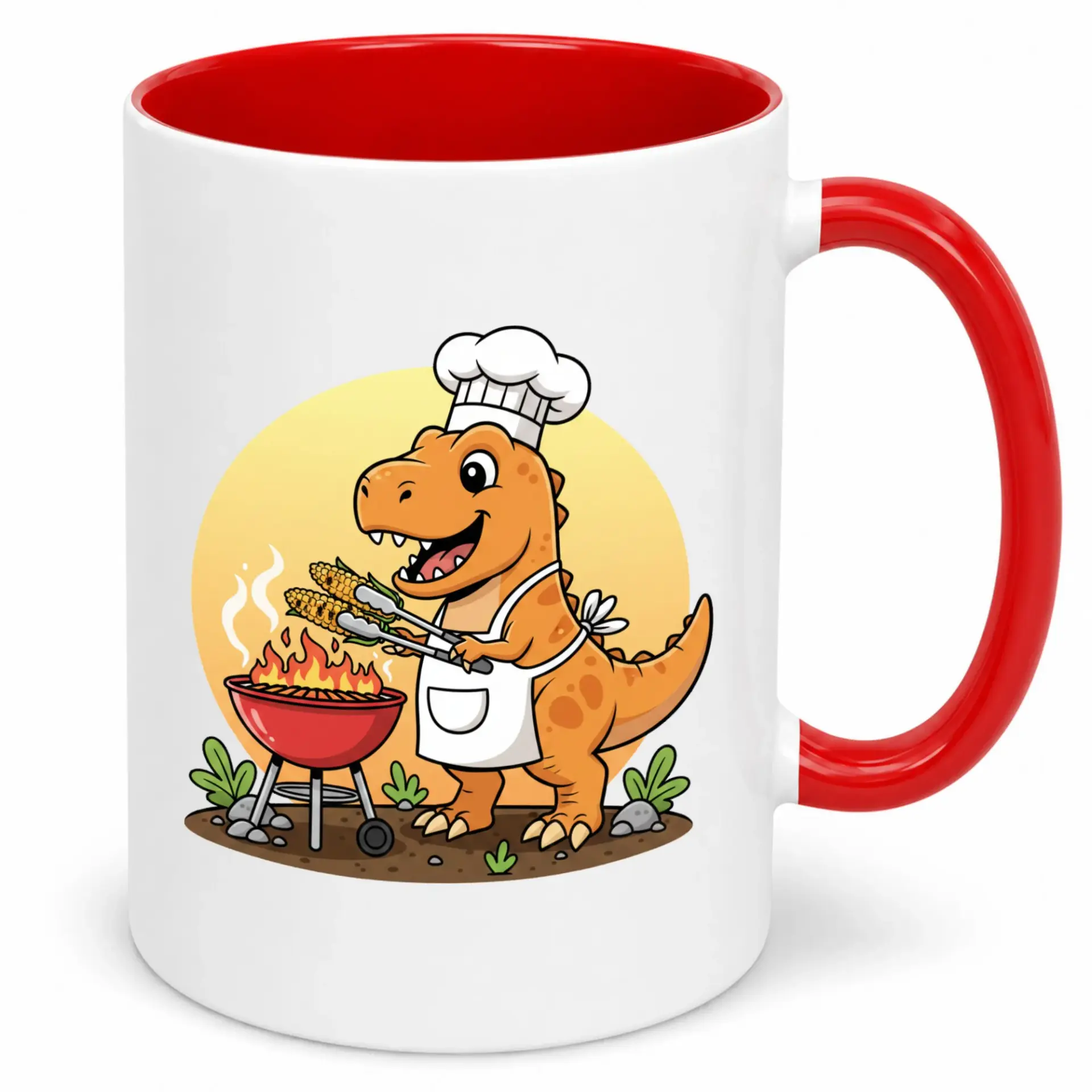 Funny Dinosaur Chef Ceramic Coffee Mug 11oz or 15oz White and Red Handle Drinkware for Bbq Lovers Home & Office