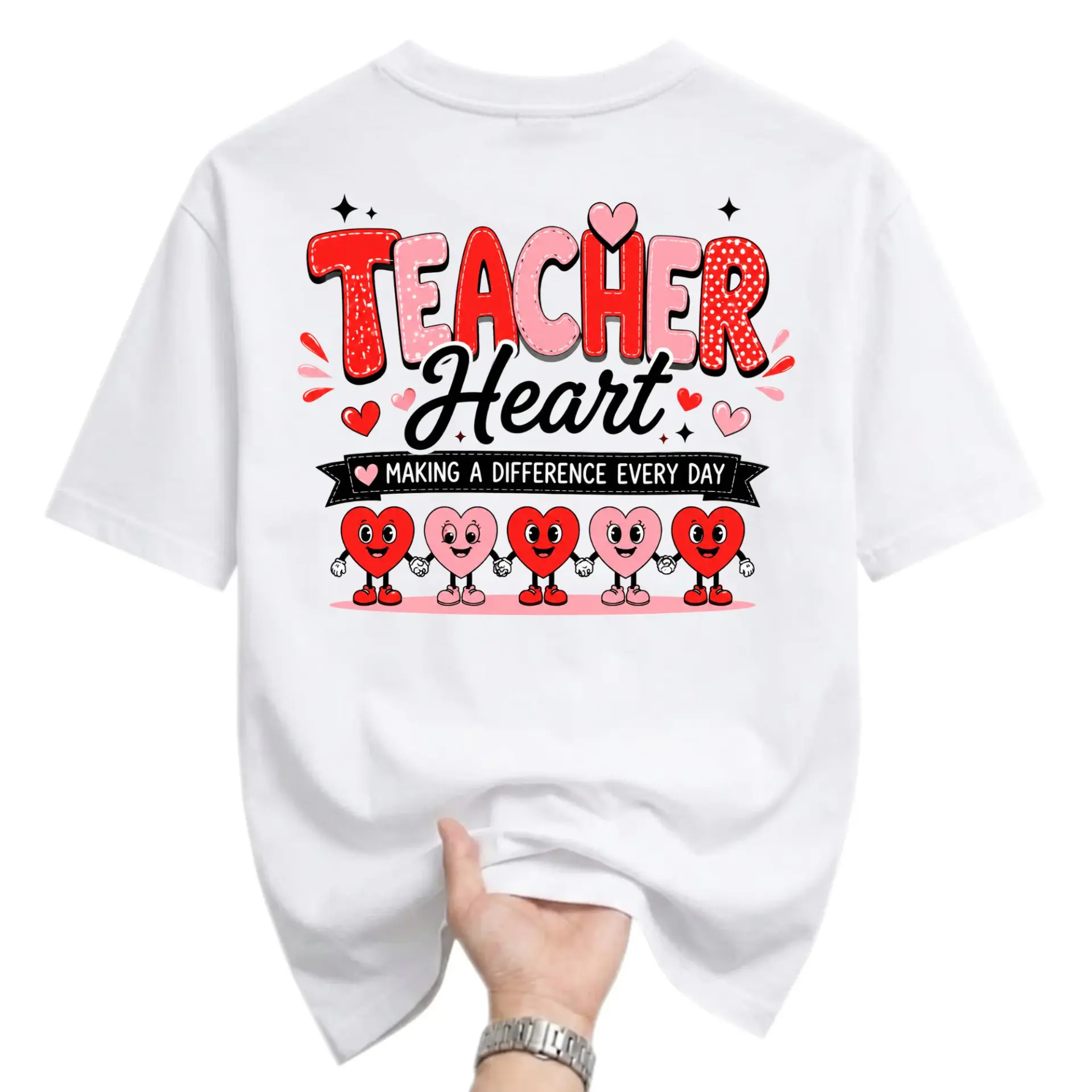 Graphic Tee Teacher Heart Making a Difference Every Day Unisex Casual Short Sleeve Crew Neck Cotton Blend Shirt White