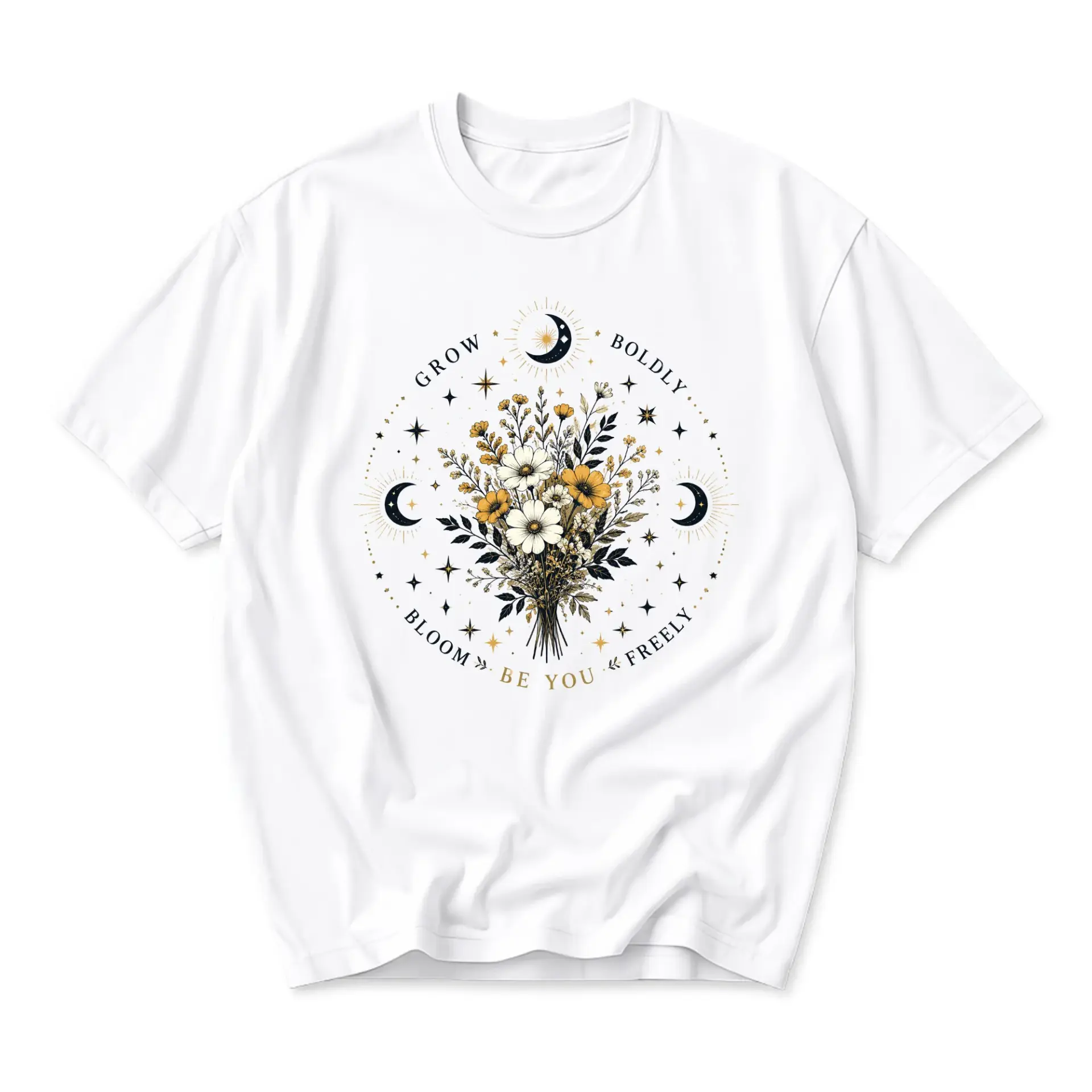 Graphic Tee Celestial Floral Design Unisex Crew Neck Short Sleeve Shirt for Casual Everyday Wear and Self Expression