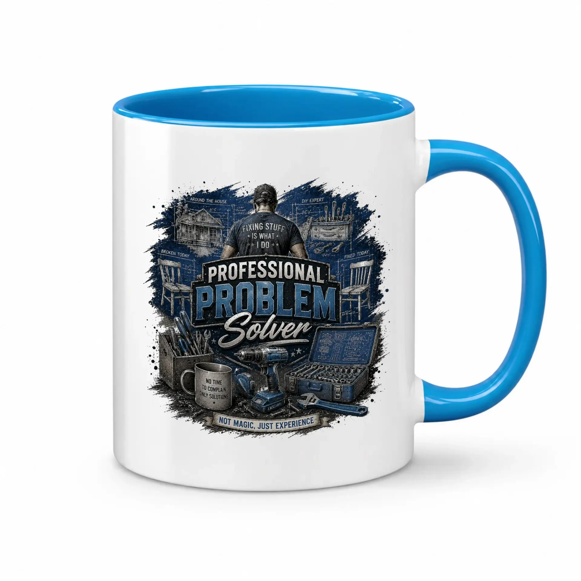 Professional Problem Solver Coffee Mug Blue Handle Novelty Drinkware for People and Skilled Trades Enthusiasts