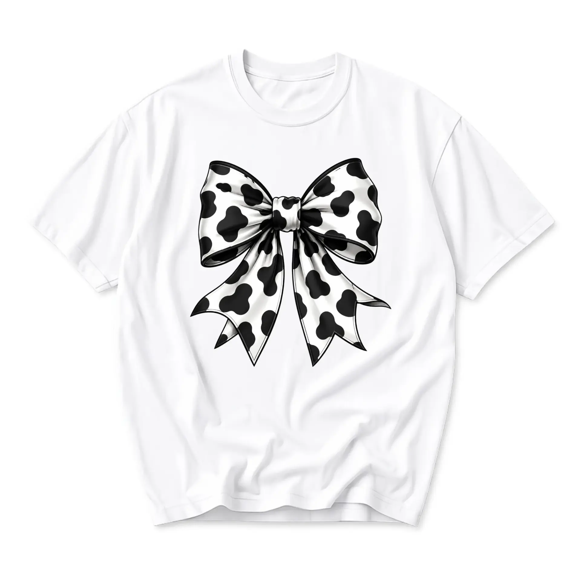 Graphic Tee Unisex Cow Print Bow T-Shirt Casual Short Sleeve Crew Neck Top for Everyday Wear and Unique Fashion Style