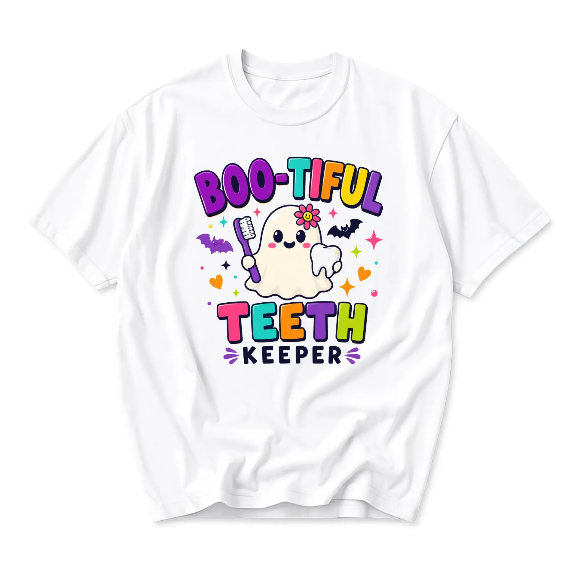 Funny Shirt Boo-Tiful Teeth Keeper Graphic Tee Cute Ghost Holding Toothbrush and Tooth Illustration Casual White Crew Neck