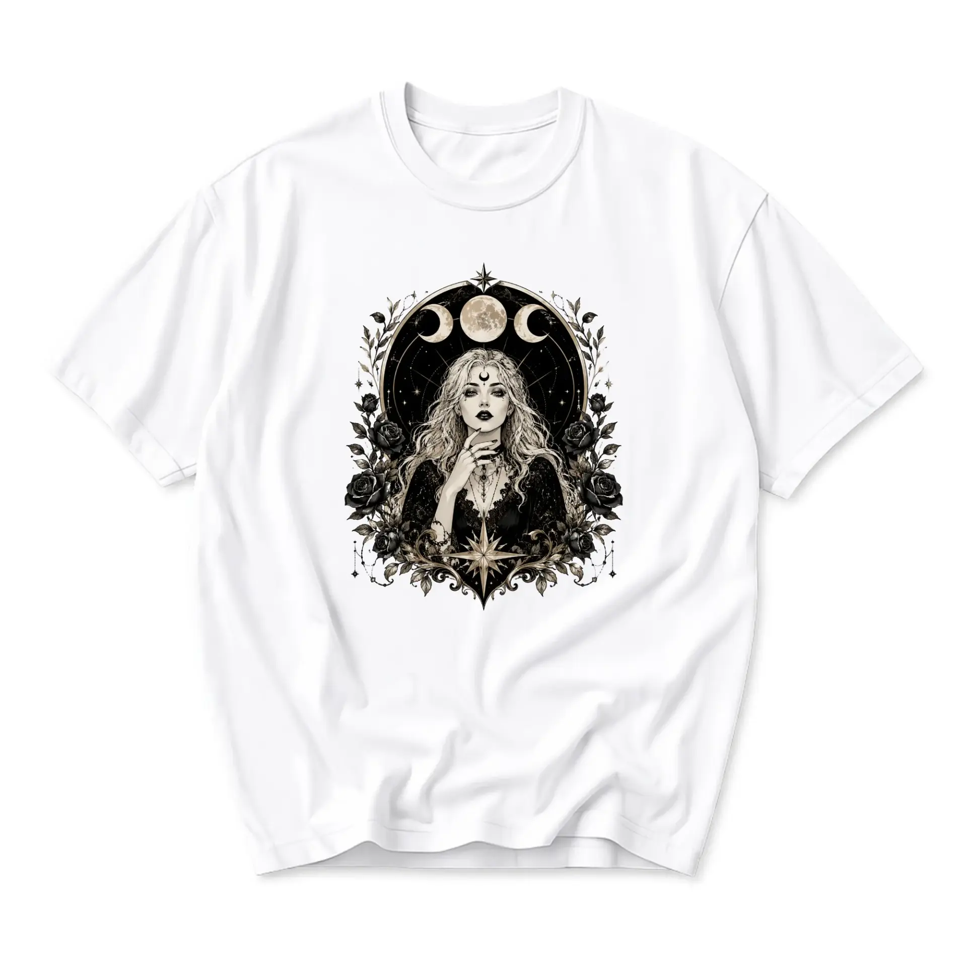 Graphic Tee Celestial Witch Moon Phases Artistic Print Unisex Crew Neck Casual Short Sleeve Cotton Blend T-Shirt